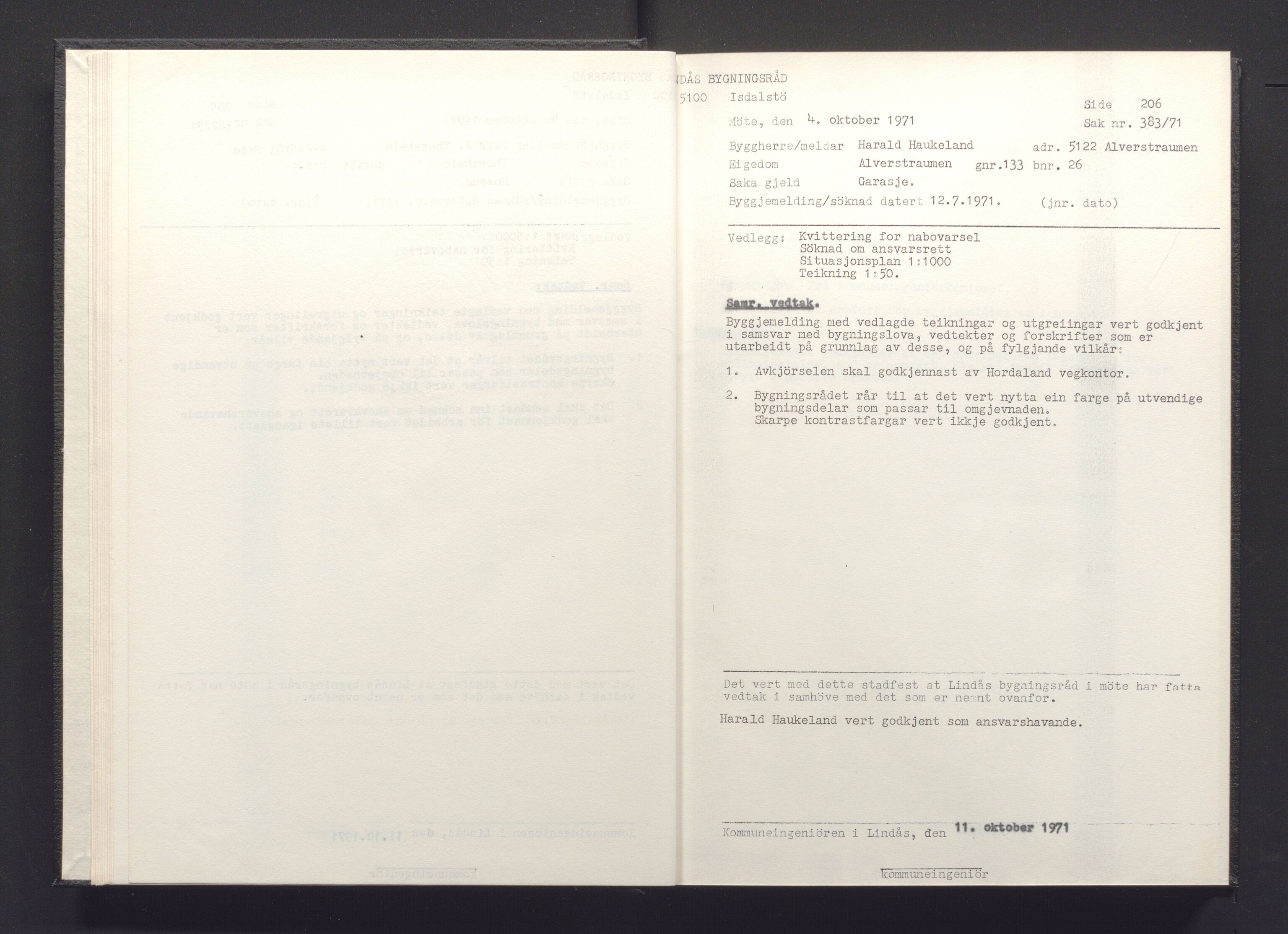Lindås kommune. Bygningsrådet, IKAH/1263-511/A/Aa/L0008: Møtebok for Lindås bygningsråd, 1971