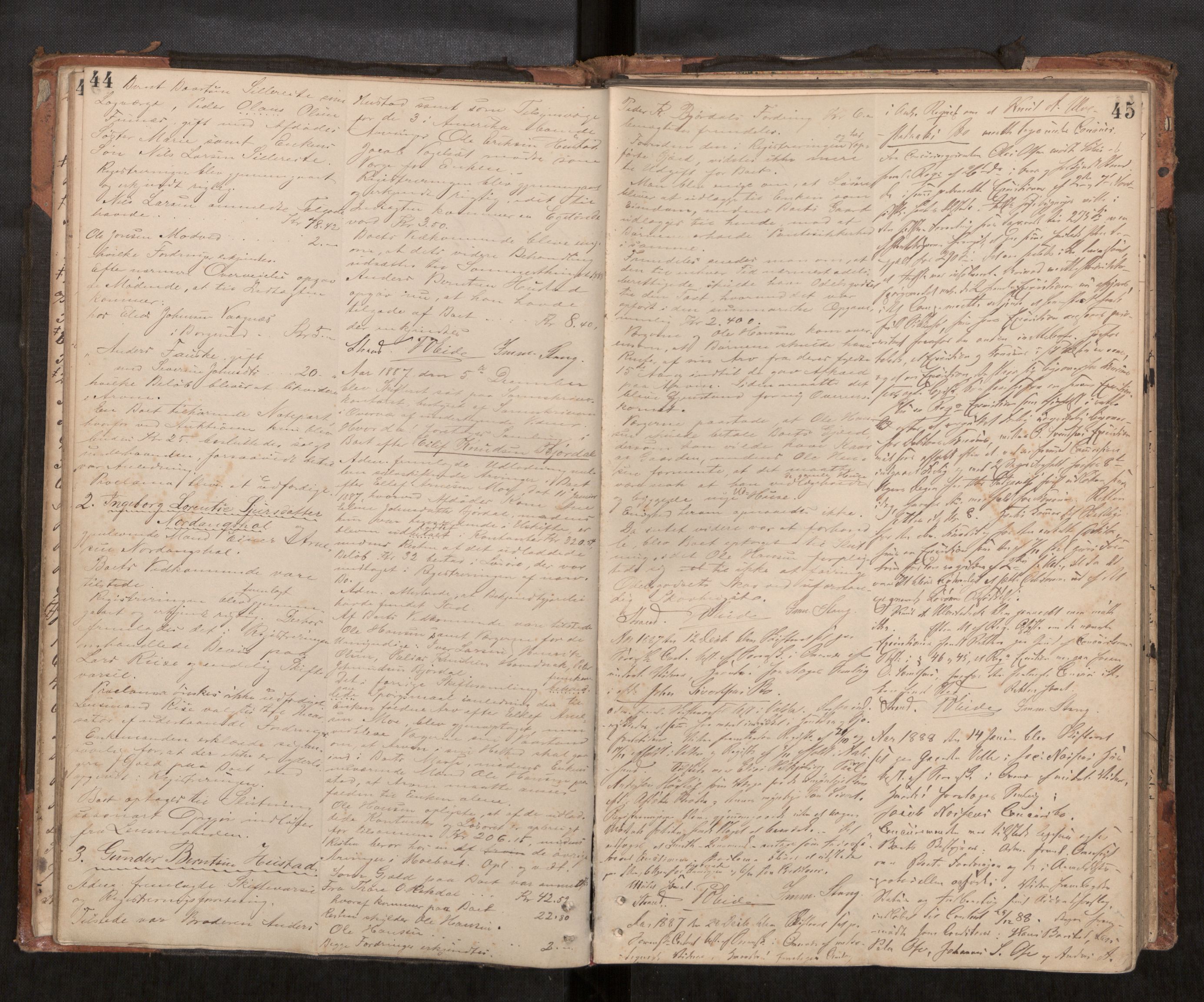 Søre Sunnmøre sorenskriveri, AV/SAT-A-4122/1/3/3B/L0006: Skiftebehandlings- / Skifteforhandlingsprotokollar, 1883-1895, s. 44-45