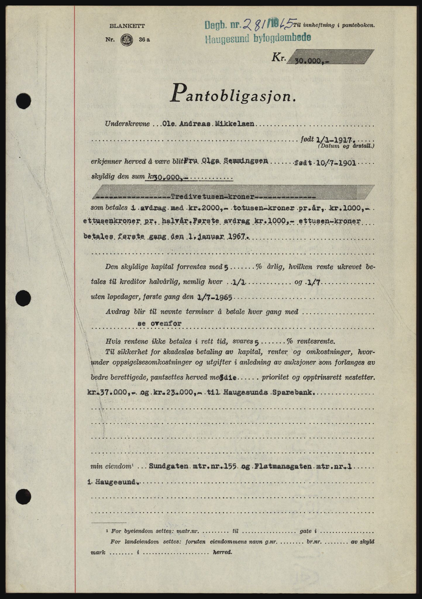 Haugesund tingrett, SAST/A-101415/01/II/IIC/L0053: Pantebok nr. B 53, 1965-1965, Dagboknr: 281/1965