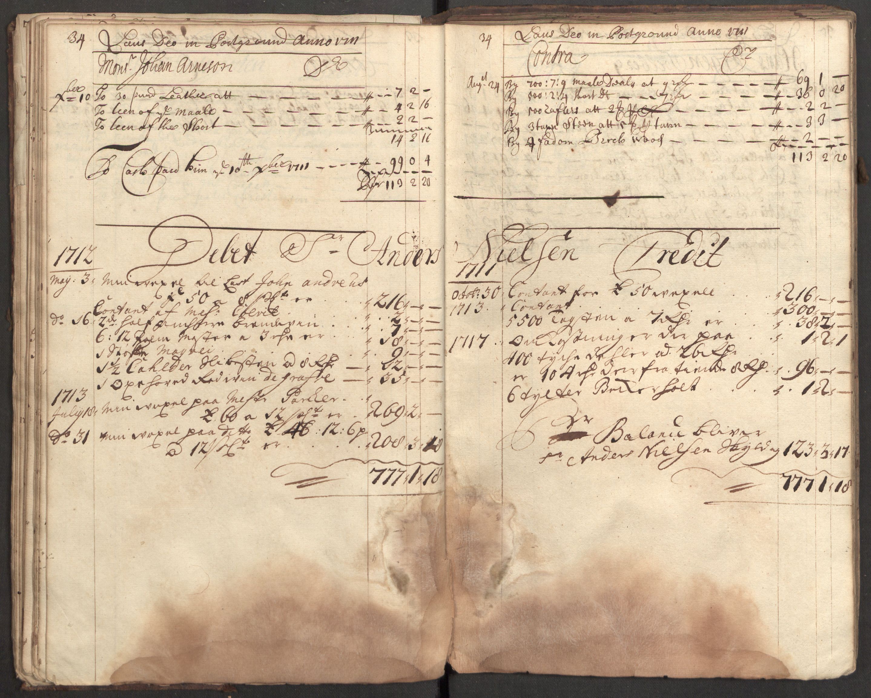 Bowman, James, RA/PA-0067/F/L0002/0001: Kontobok og skiftepapirer / James Bowmans kontobok, 1708-1728, s. 36