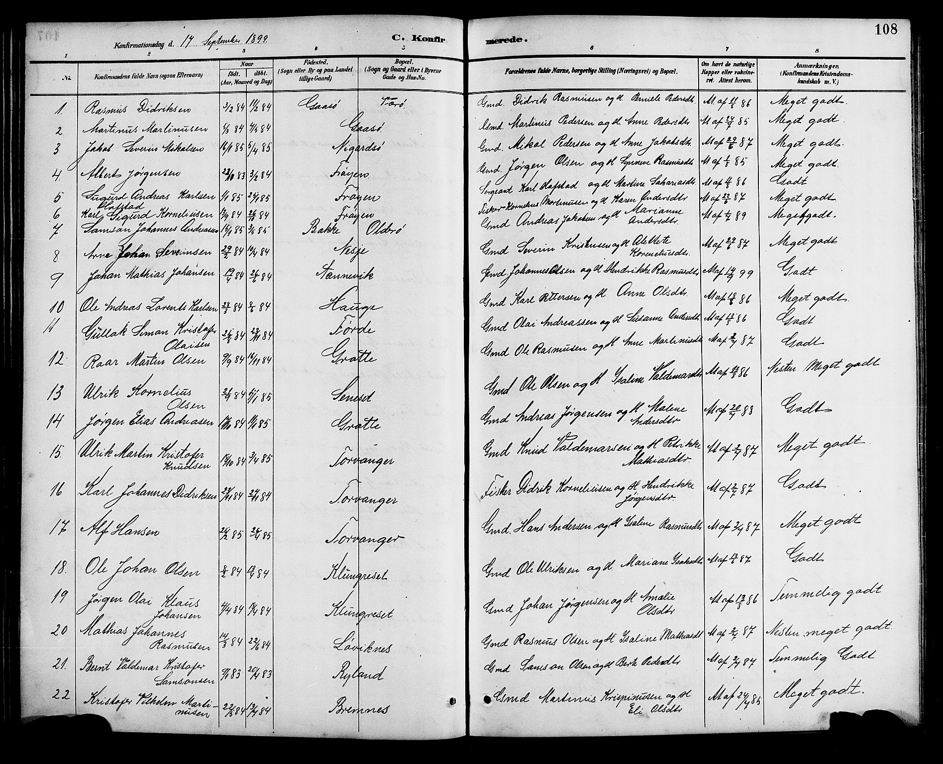Bremanger sokneprestembete, AV/SAB-A-82201/H/Hab/Haba/L0003: Klokkerbok nr. A 3, 1890-1908, s. 108