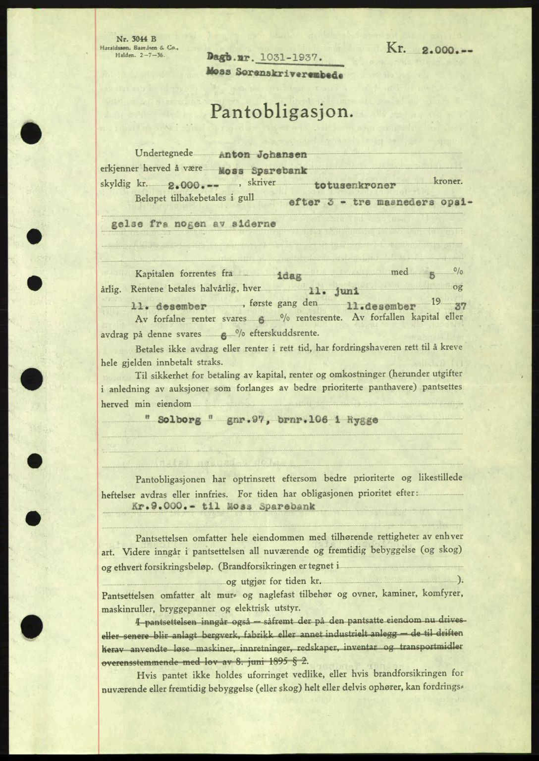 Moss sorenskriveri, SAO/A-10168: Pantebok nr. B3, 1937-1937, Dagboknr: 1031/1937