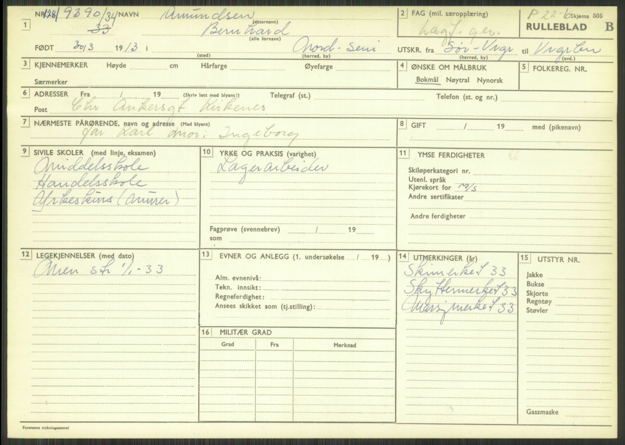 Forsvaret, Varanger bataljon, AV/RA-RAFA-2258/1/D/L0444: Rulleblad for menige født 1913-1914, 1913-1914, s. 10