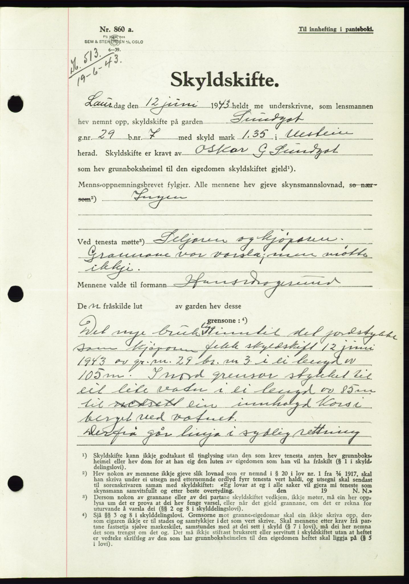 Søre Sunnmøre sorenskriveri, SAT/A-4122/1/2/2C/L0075: Pantebok nr. 1A, 1943-1943, Dagboknr: 513/1943