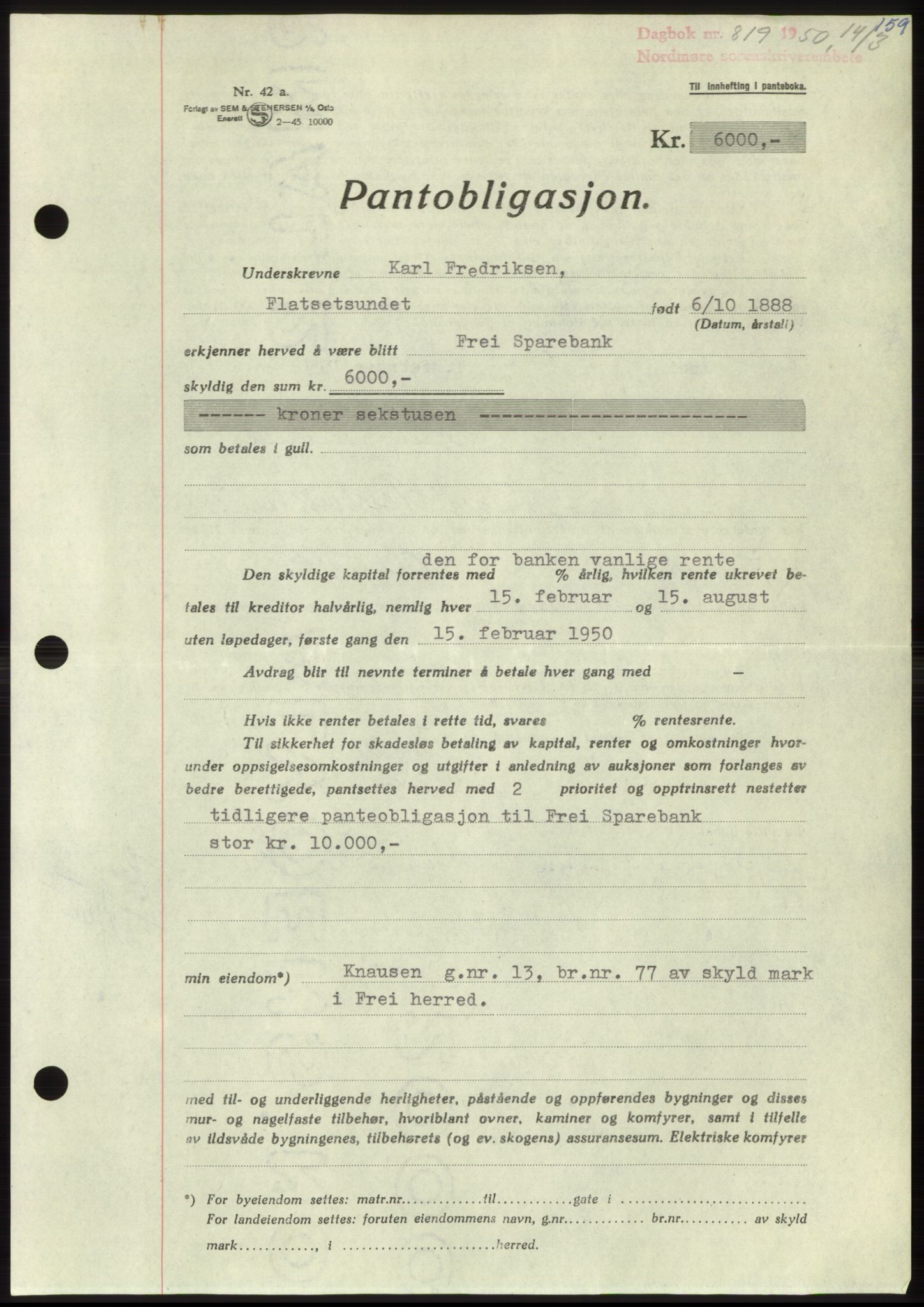 Nordmøre sorenskriveri, SAT/A-4132/1/2/2Ca: Pantebok nr. B104, 1950-1950, Dagboknr: 819/1950