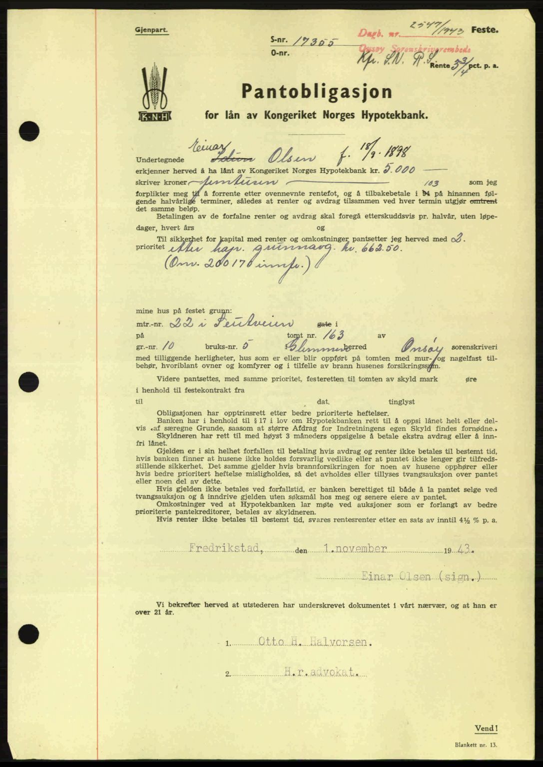 Onsøy sorenskriveri, SAO/A-10474/G/Ga/Gac/L0003: Pantebok nr. B3, 1940-1944, Dagboknr: 2547/1943