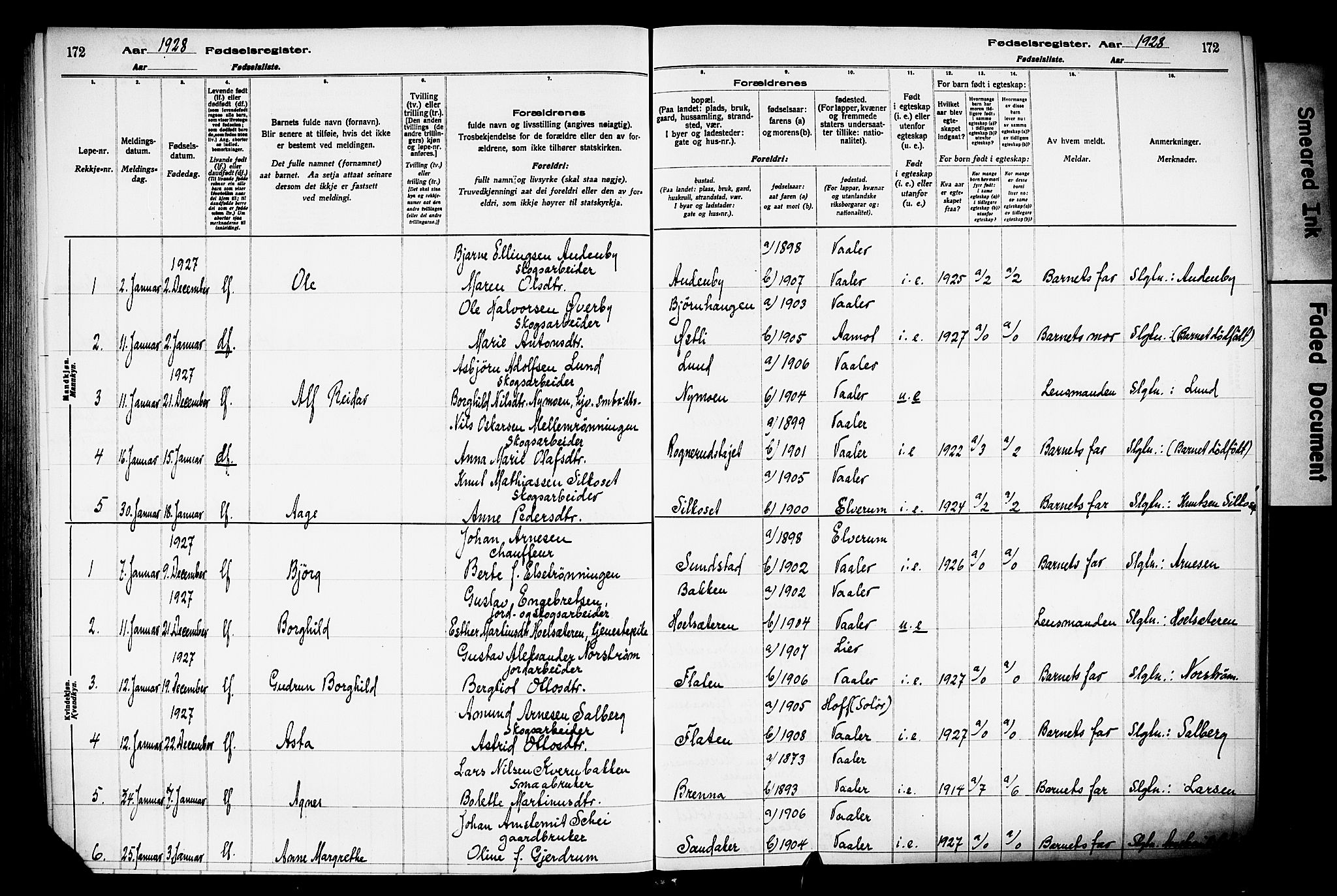 Våler prestekontor, Hedmark, SAH/PREST-040/I/Id/L0001: Fødselsregister nr. 1, 1916-1930, s. 172