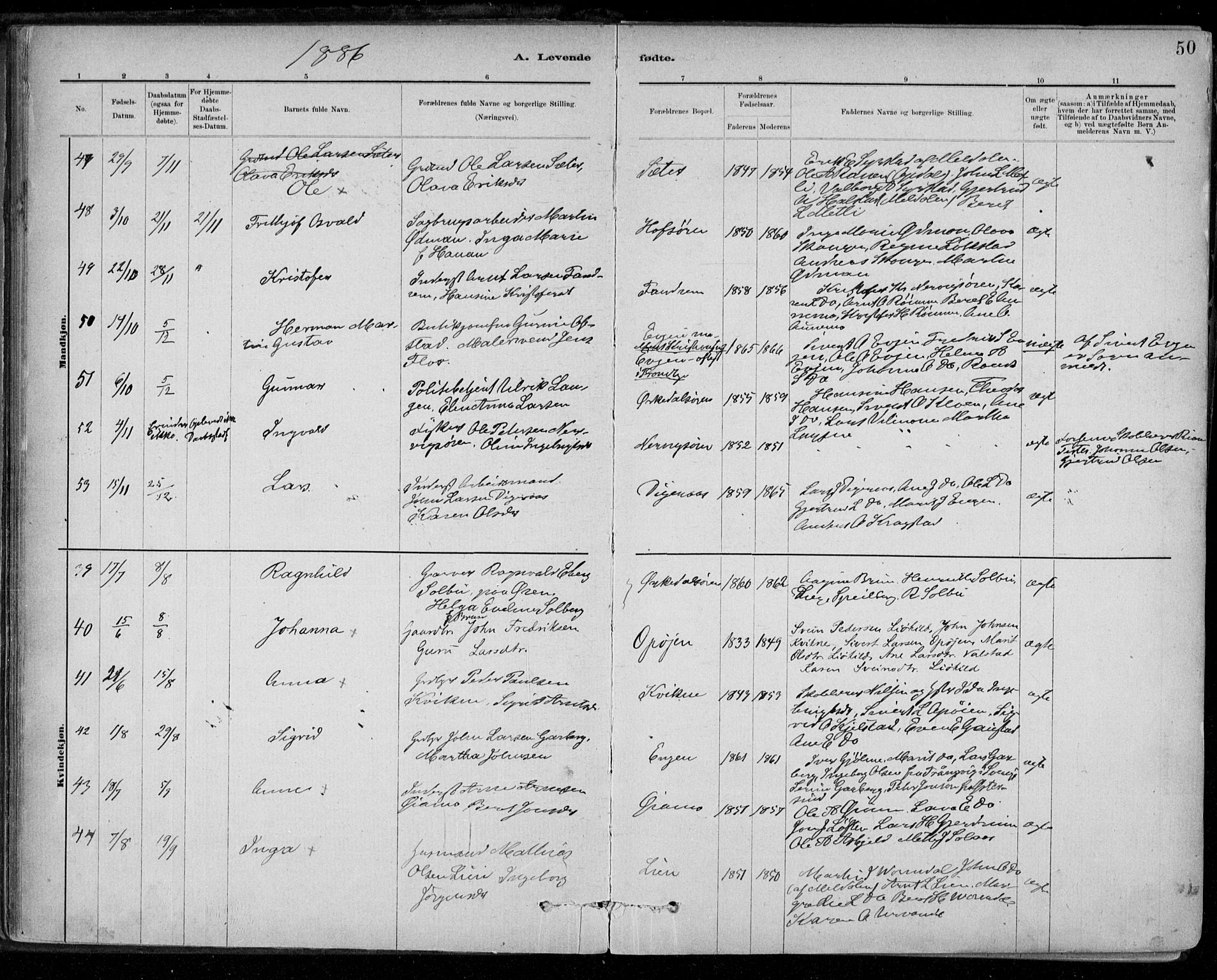 Ministerialprotokoller, klokkerbøker og fødselsregistre - Sør-Trøndelag, SAT/A-1456/668/L0809: Ministerialbok nr. 668A09, 1881-1895, s. 50