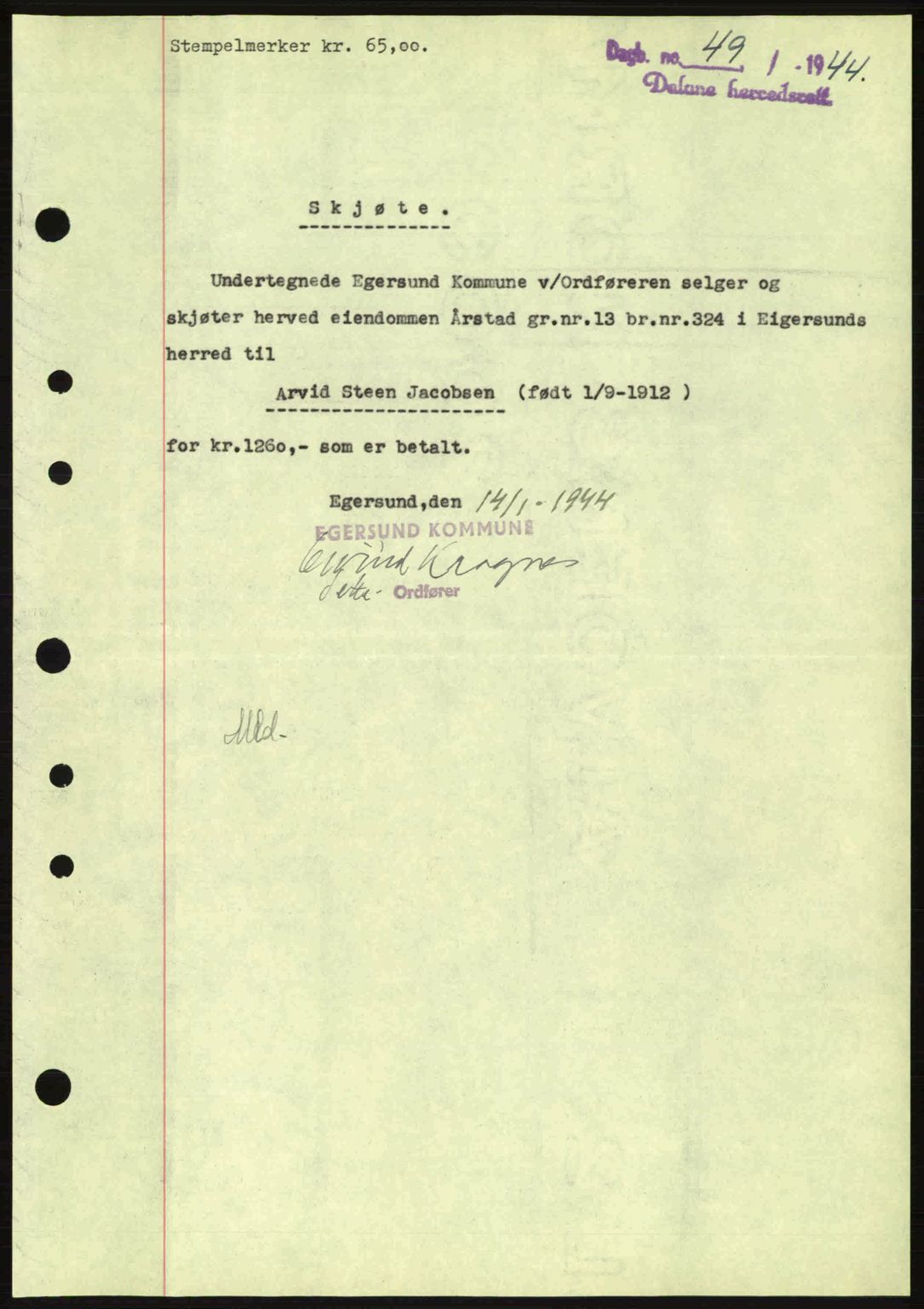 Dalane sorenskriveri, SAST/A-100309/02/G/Gb/L0047: Pantebok nr. A8 I, 1944-1945, Dagboknr: 49/1944