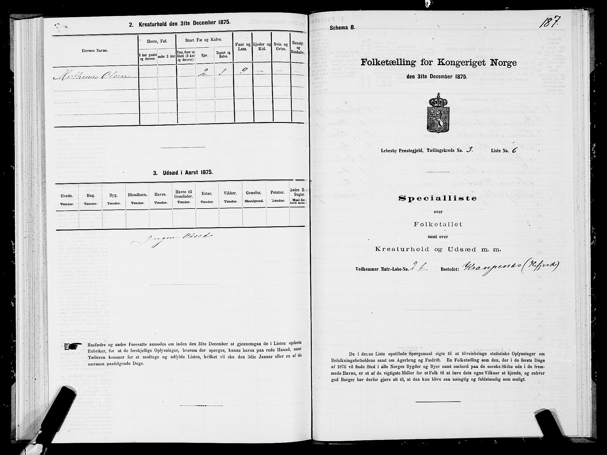 SATØ, Folketelling 1875 for 2022P Lebesby prestegjeld, 1875, s. 1187