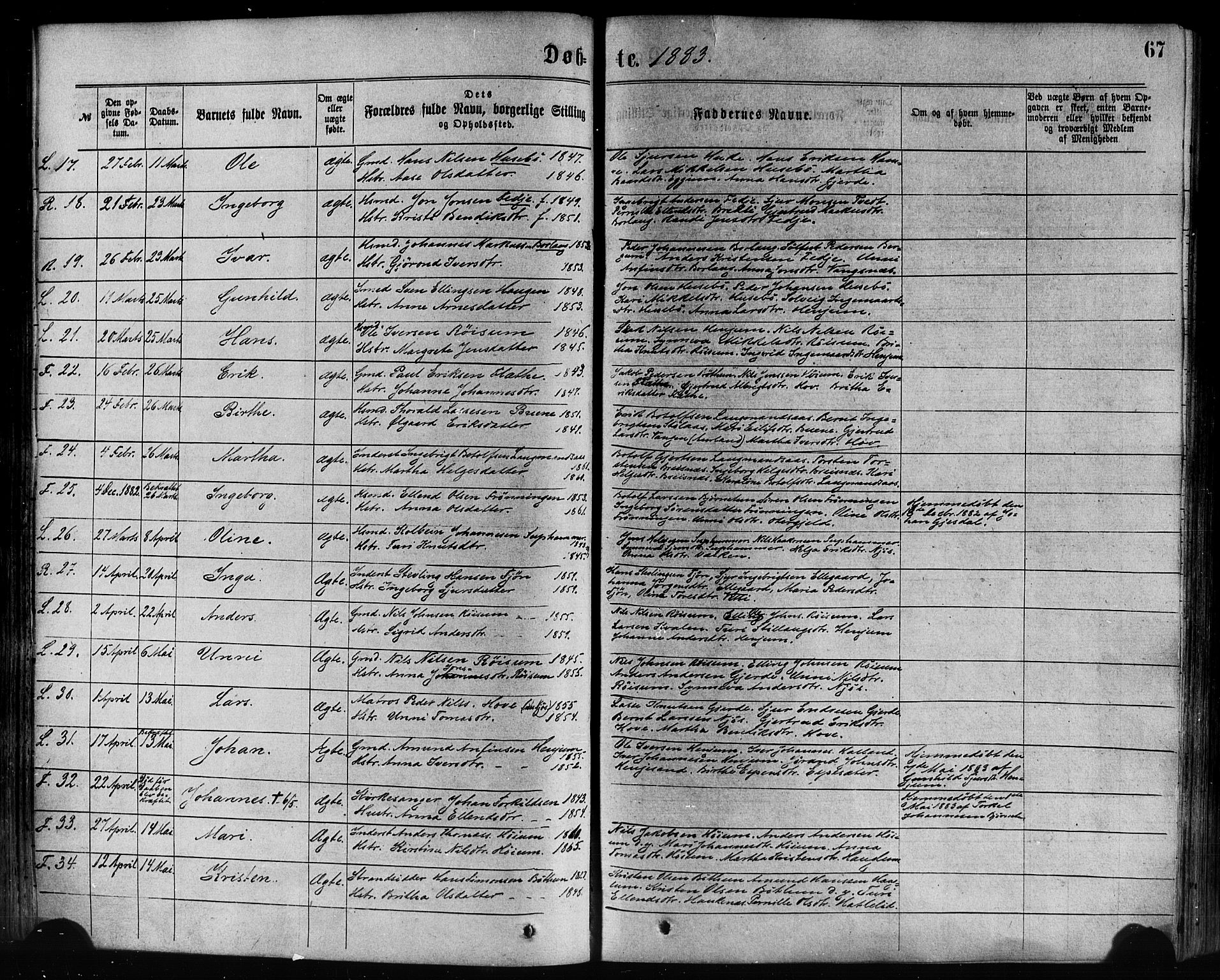 Leikanger sokneprestembete, AV/SAB-A-81001/H/Haa/Haaa/L0009: Ministerialbok nr. A 9, 1869-1888, s. 67