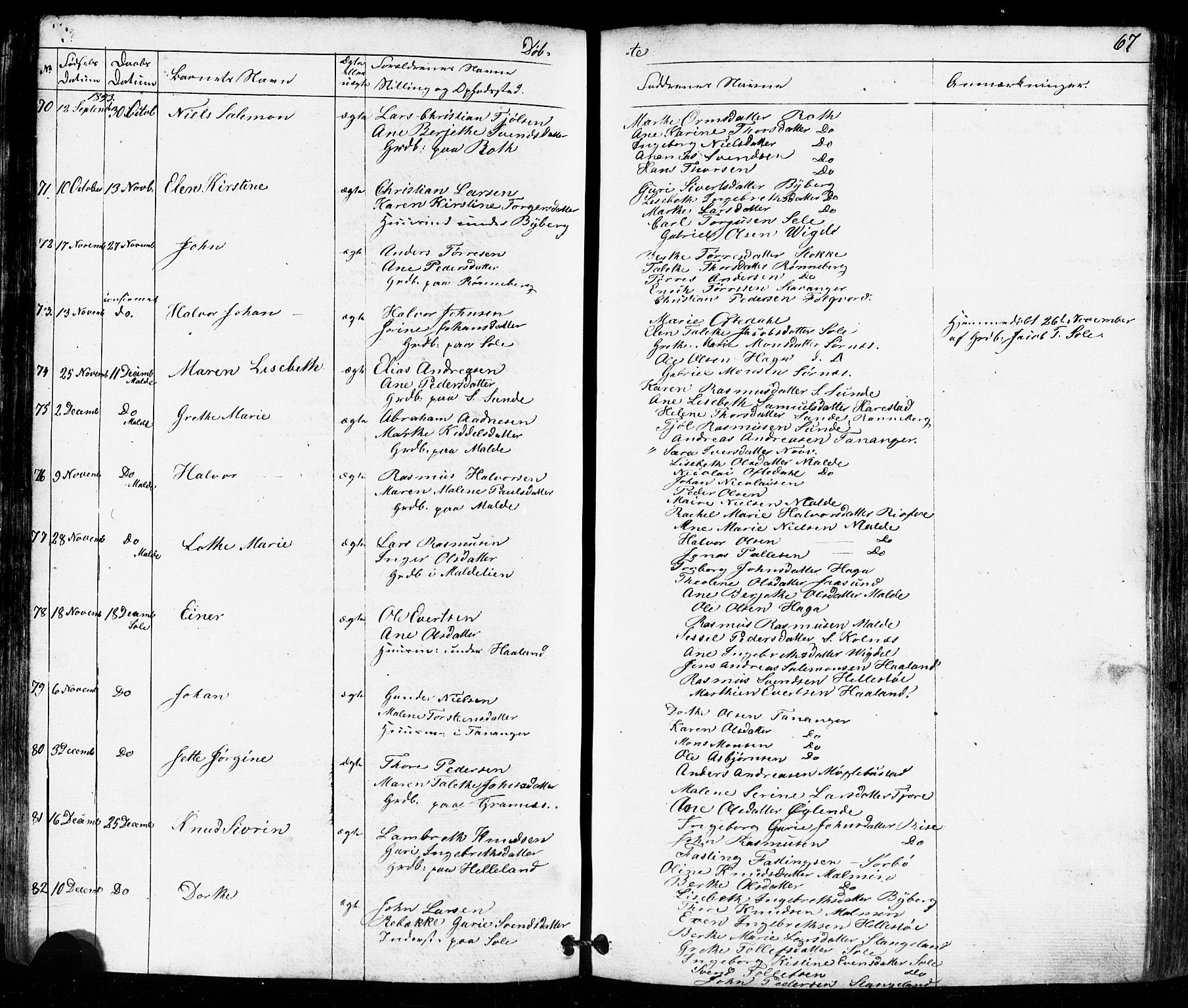 Håland sokneprestkontor, AV/SAST-A-101802/001/30BB/L0002: Klokkerbok nr. B 2, 1845-1872, s. 67
