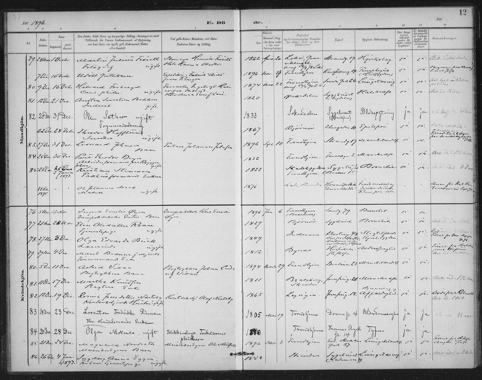 Ministerialprotokoller, klokkerbøker og fødselsregistre - Sør-Trøndelag, SAT/A-1456/602/L0123: Ministerialbok nr. 602A21, 1895-1910, s. 12