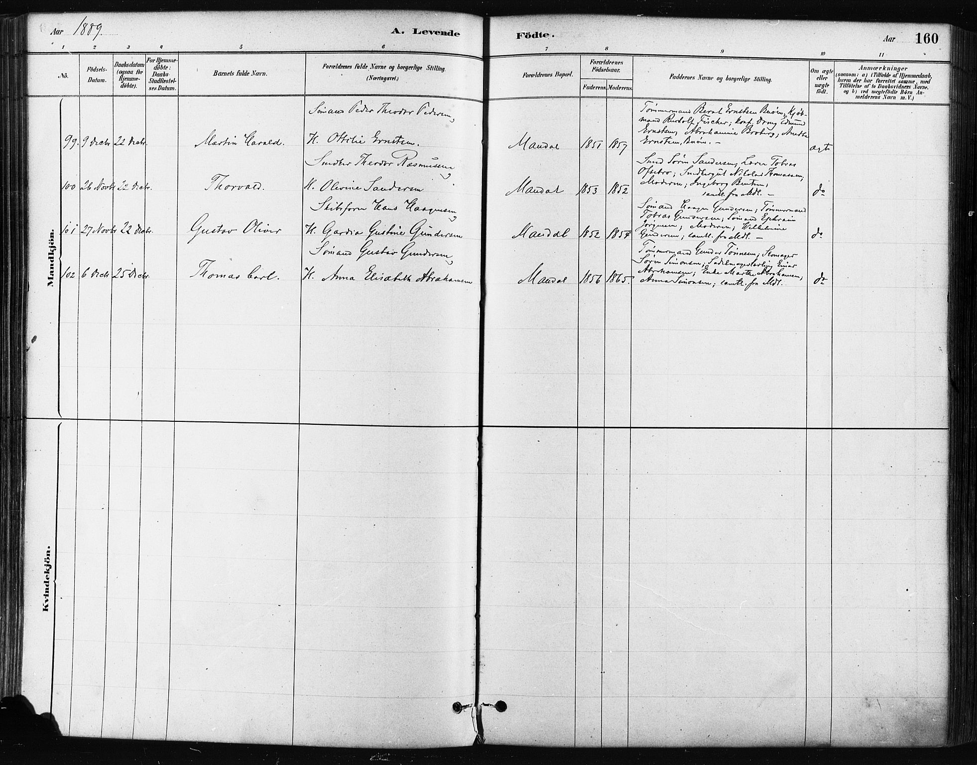 Mandal sokneprestkontor, AV/SAK-1111-0030/F/Fa/Faa/L0016: Ministerialbok nr. A 16, 1880-1890, s. 160
