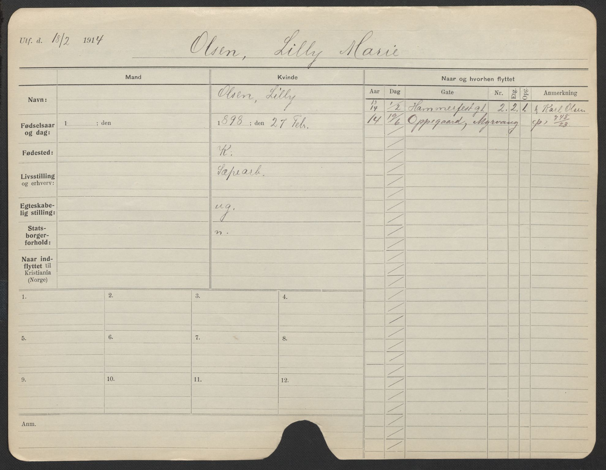 Oslo folkeregister, Registerkort, AV/SAO-A-11715/F/Fa/Fac/L0022: Kvinner, 1906-1914, s. 80a