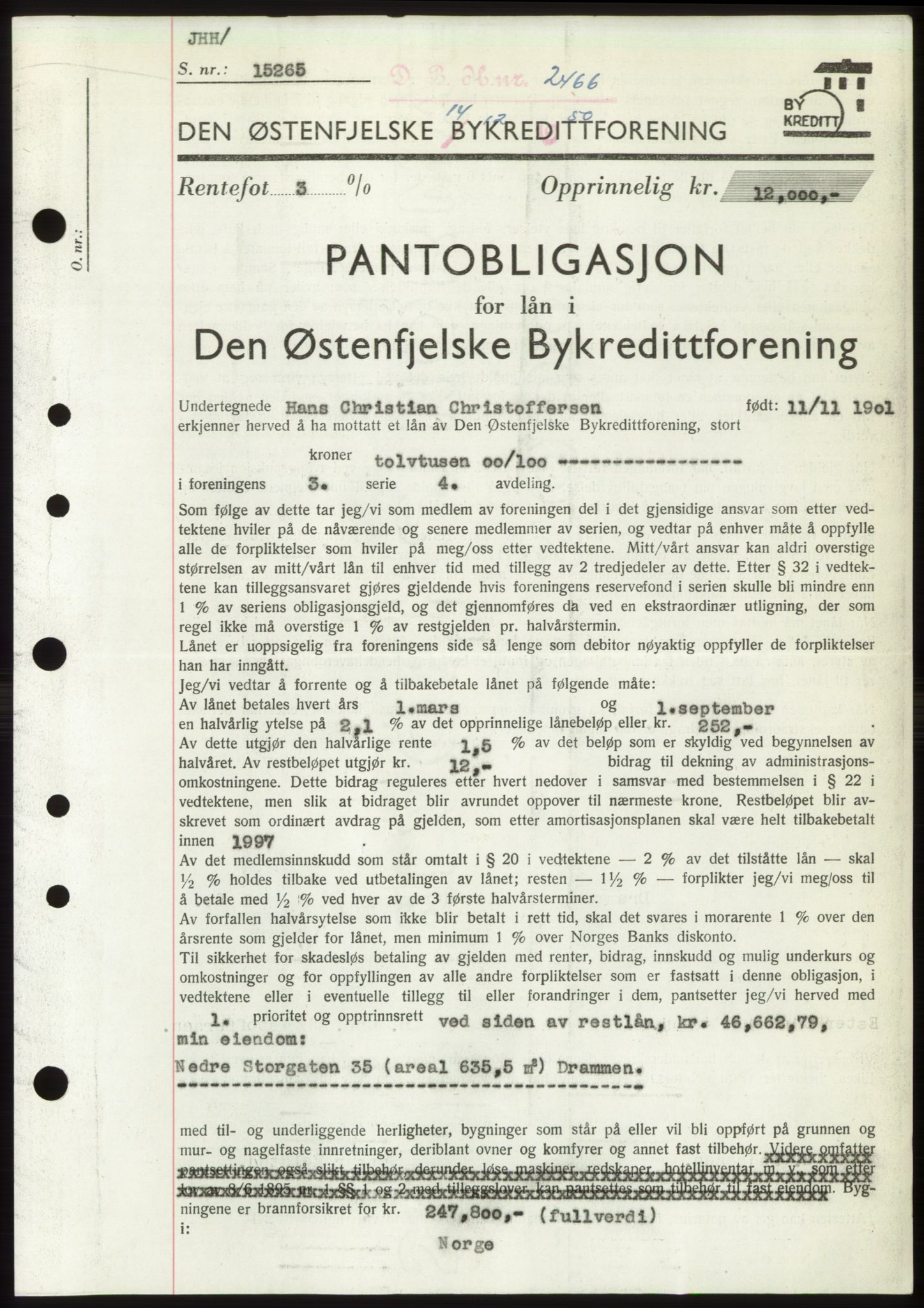 Drammen byfogd, SAKO/A-222/G/Ga/Gad/L0011: Pantebok nr. B11, 1950-1950, Dagboknr: 2466/1950