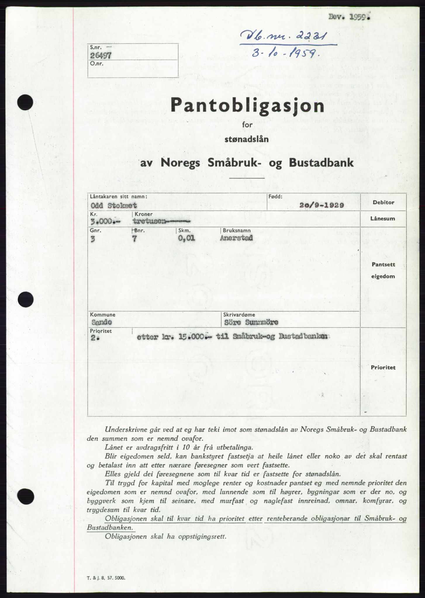 Søre Sunnmøre sorenskriveri, SAT/A-4122/1/2/2C/L0133: Pantebok nr. 21B, 1959-1959, Dagboknr: 2231/1959