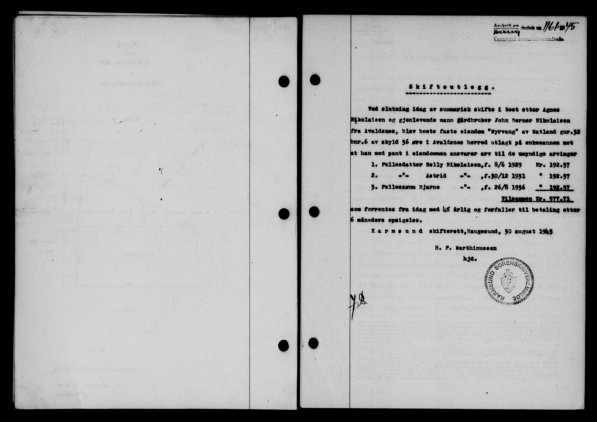 Karmsund sorenskriveri, SAST/A-100311/01/II/IIB/L0084: Pantebok nr. 65A, 1945-1946, Dagboknr: 1161/1945