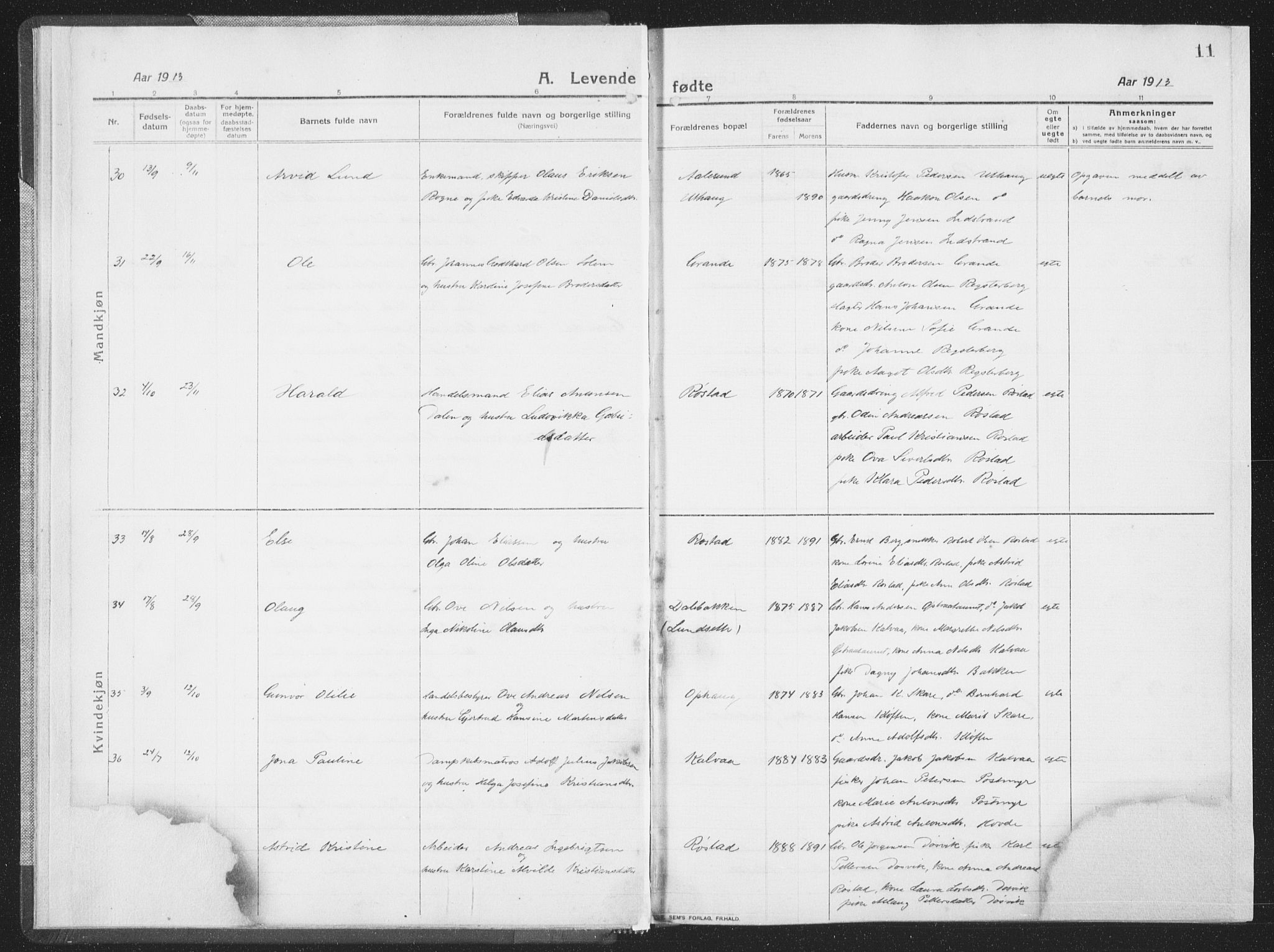 Ministerialprotokoller, klokkerbøker og fødselsregistre - Sør-Trøndelag, AV/SAT-A-1456/659/L0747: Klokkerbok nr. 659C04, 1913-1938, s. 11