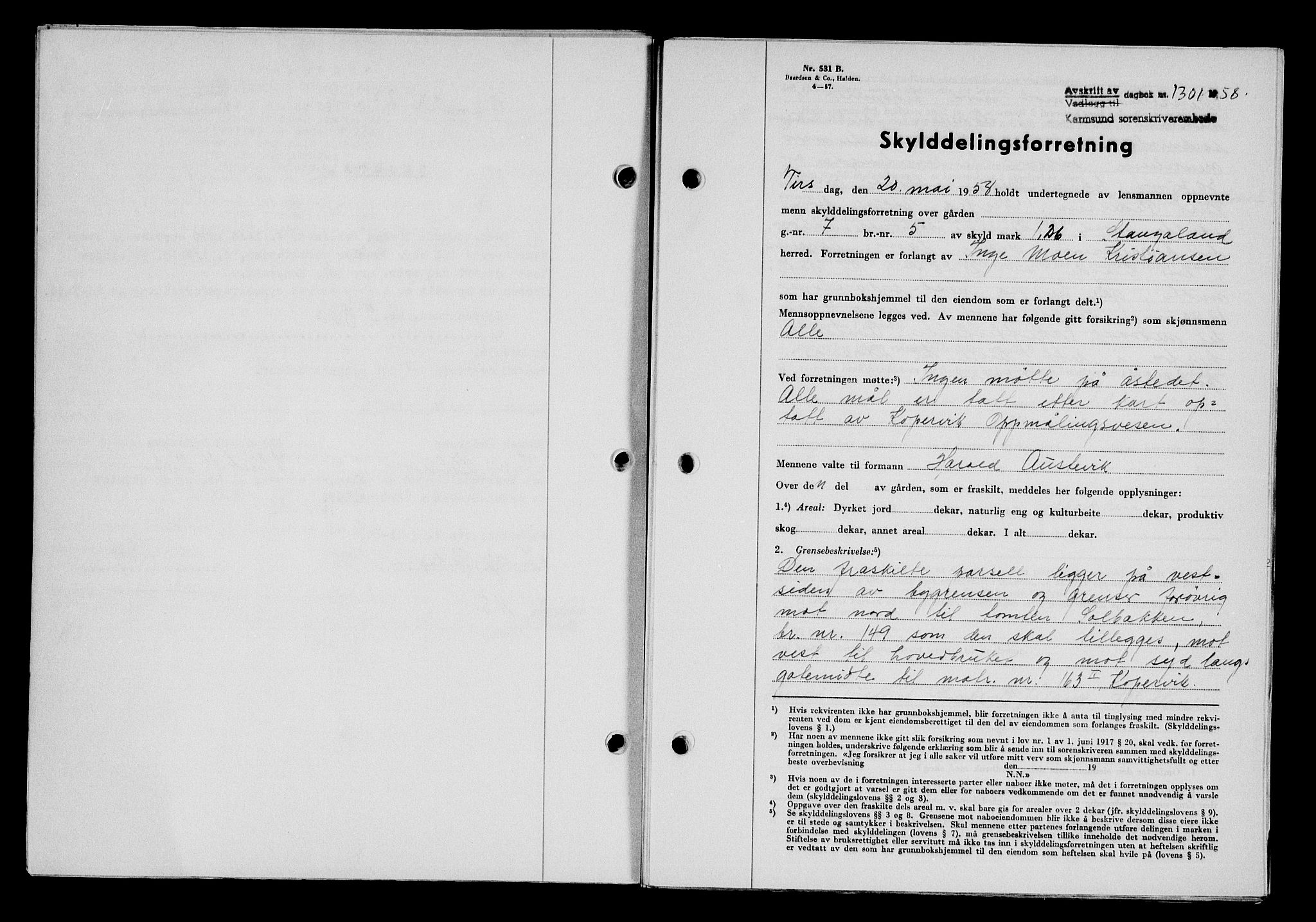 Karmsund sorenskriveri, SAST/A-100311/01/II/IIB/L0128: Pantebok nr. 108A, 1958-1958, Dagboknr: 1301/1958