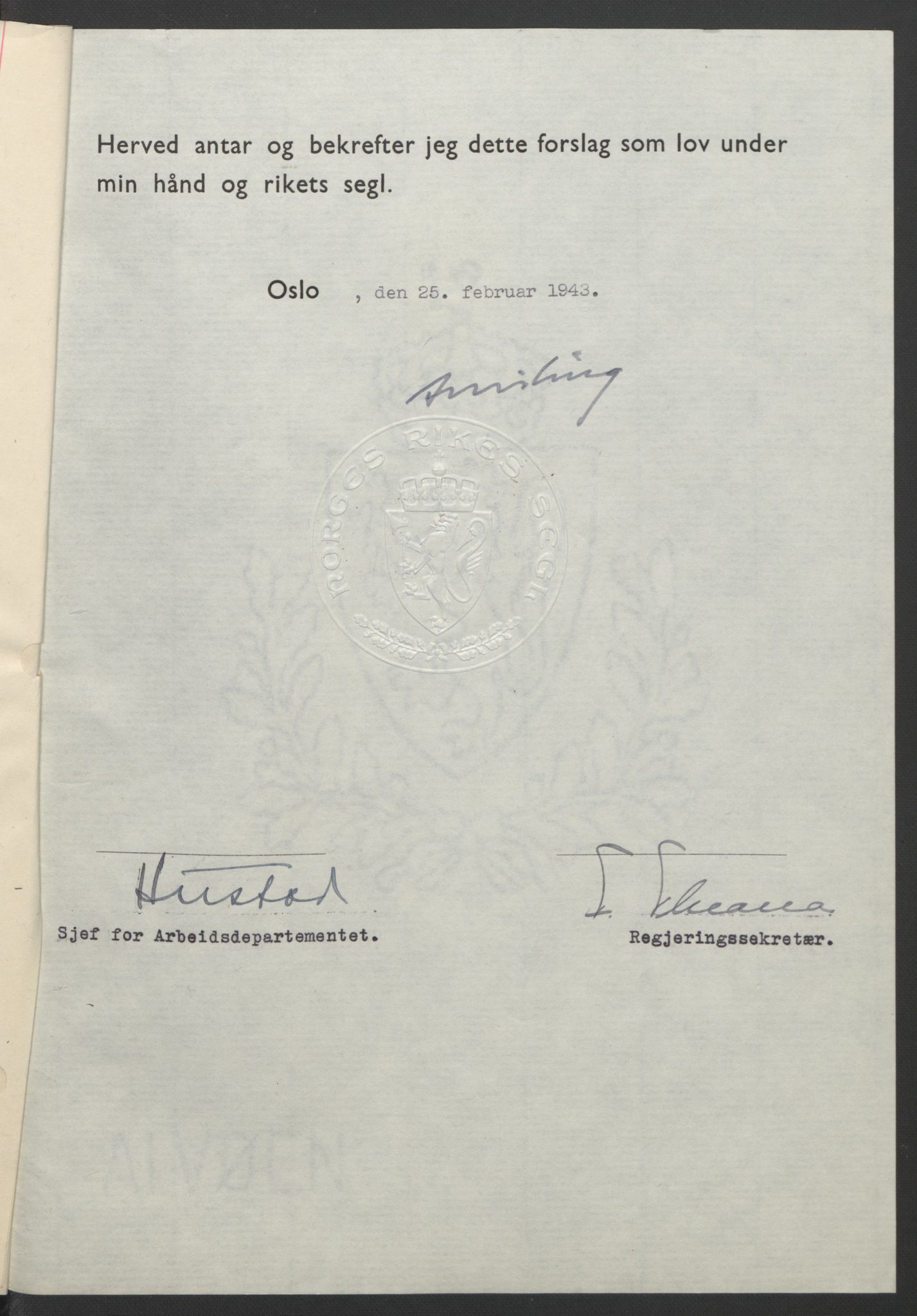 NS-administrasjonen 1940-1945 (Statsrådsekretariatet, de kommisariske statsråder mm), RA/S-4279/D/Db/L0099: Lover, 1943, s. 152