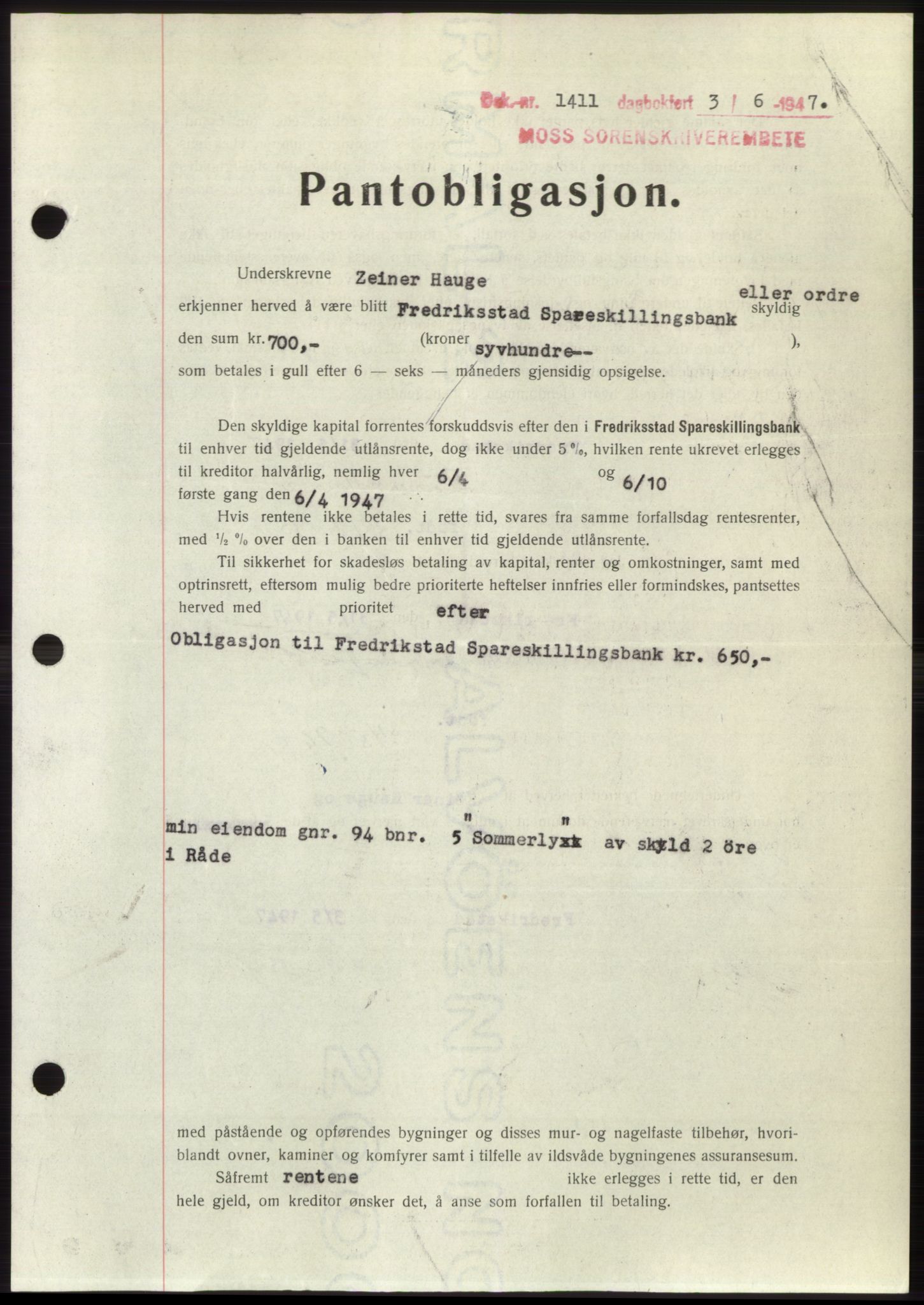 Moss sorenskriveri, SAO/A-10168: Pantebok nr. B17, 1947-1947, Dagboknr: 1411/1947