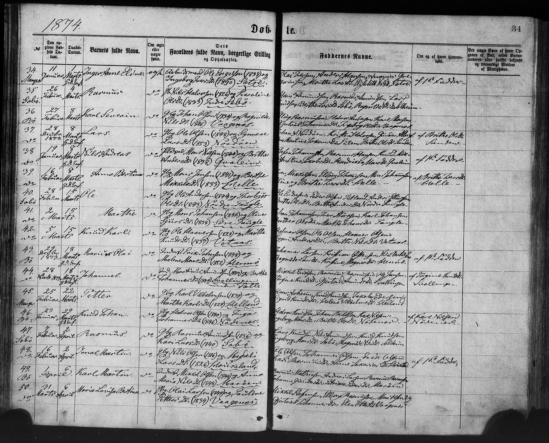 Manger sokneprestembete, AV/SAB-A-76801/H/Haa: Ministerialbok nr. A 8, 1871-1880, s. 34