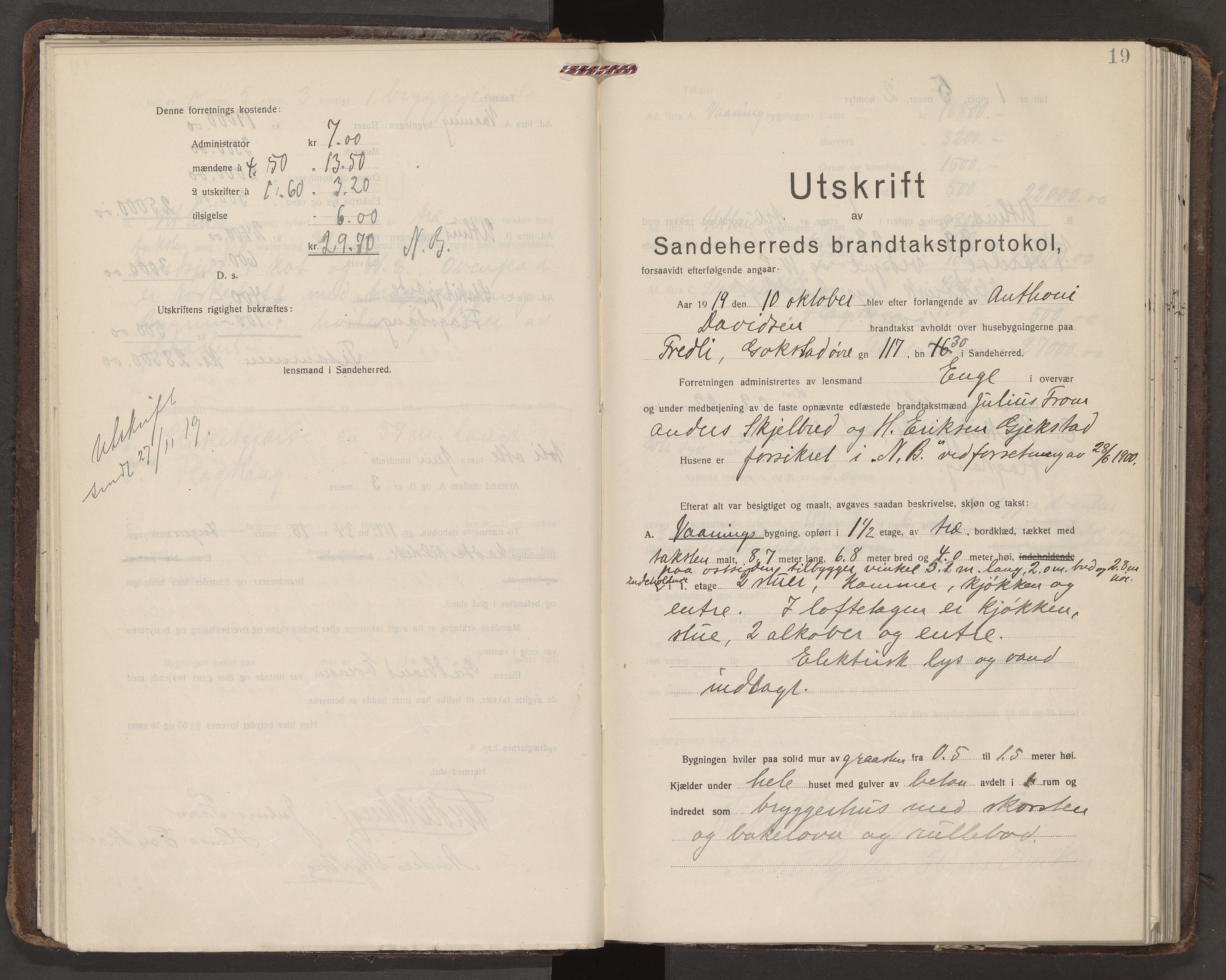 Sandar lensmannskontor, AV/SAKO-A-545/Y/Yc/Yca/L0010: Branntakstprotokoll, 1919-1920, s. 19