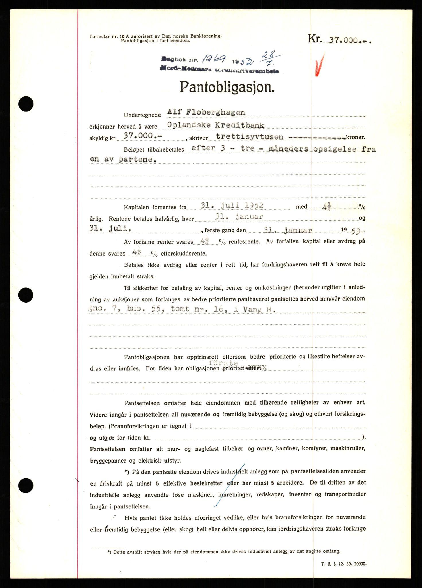 Nord-Hedmark sorenskriveri, SAH/TING-012/H/Hb/Hbf/L0025: Pantebok nr. B25, 1952-1952, Dagboknr: 1969/1952