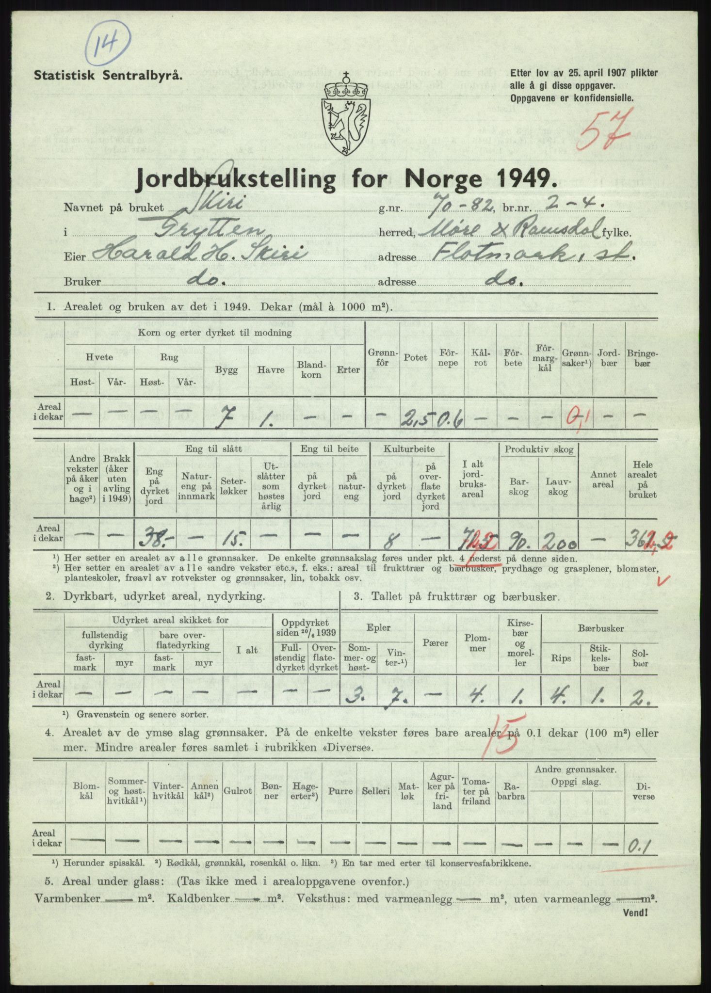 Statistisk sentralbyrå, Næringsøkonomiske emner, Jordbruk, skogbruk, jakt, fiske og fangst, AV/RA-S-2234/G/Gc/L0323: Møre og Romsdal: Grytten og Hen, 1949, s. 277