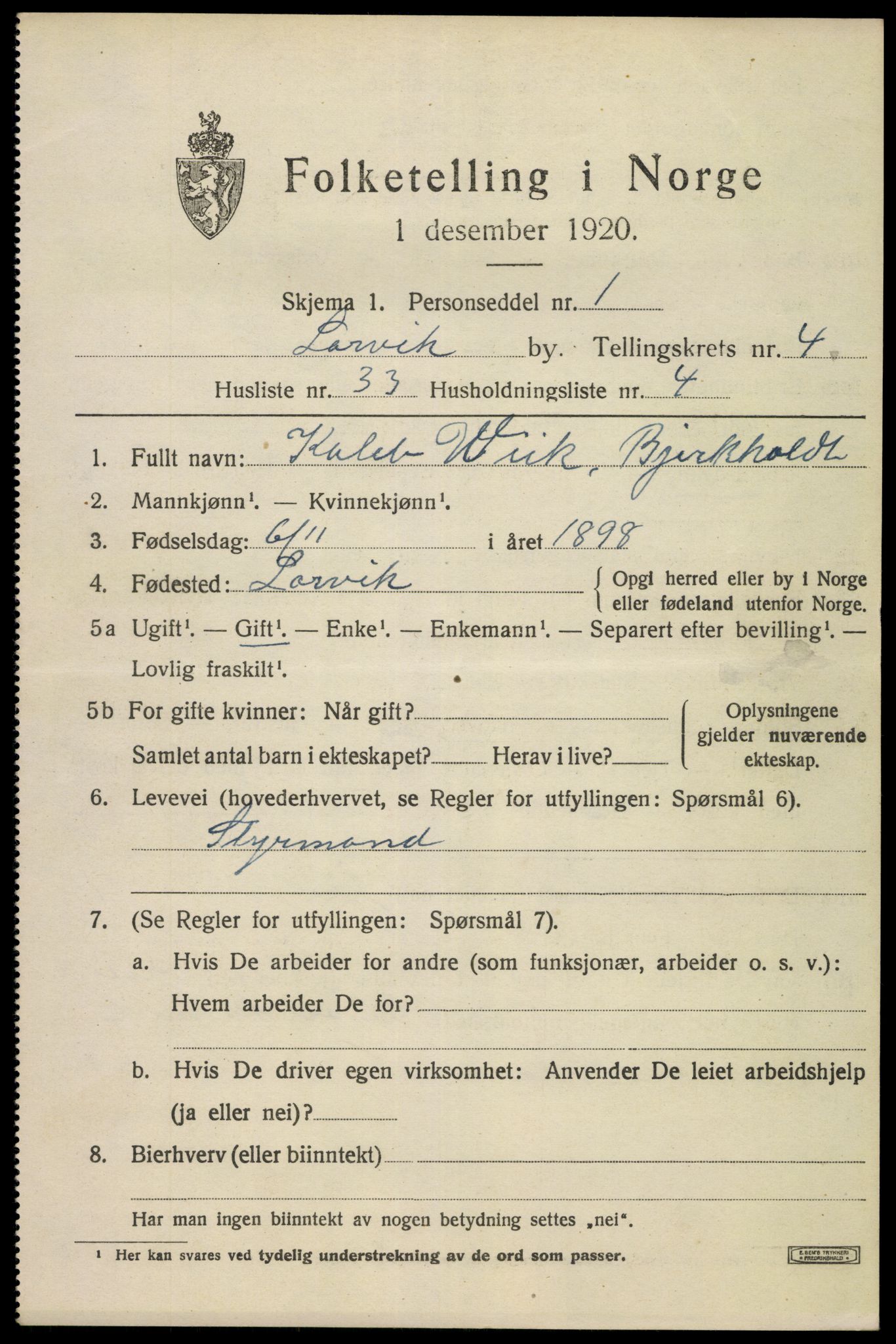 SAKO, Folketelling 1920 for 0707 Larvik kjøpstad, 1920, s. 13918