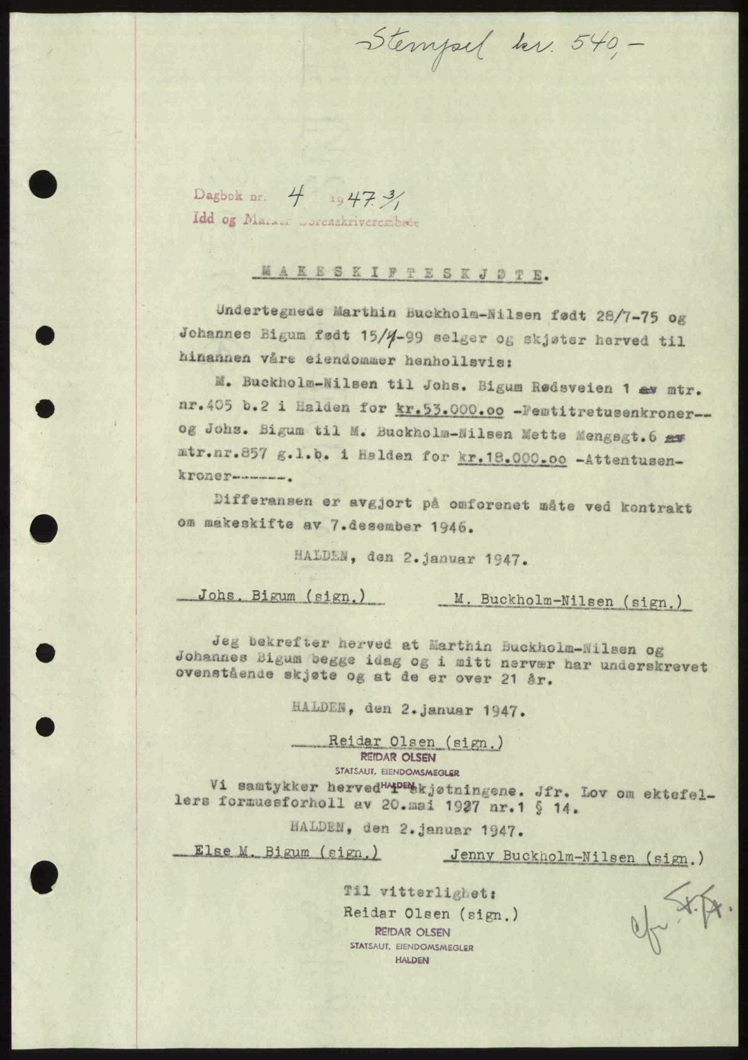 Idd og Marker sorenskriveri, SAO/A-10283/G/Gb/Gbb/L0009: Pantebok nr. A9, 1946-1947, Dagboknr: 4/1947