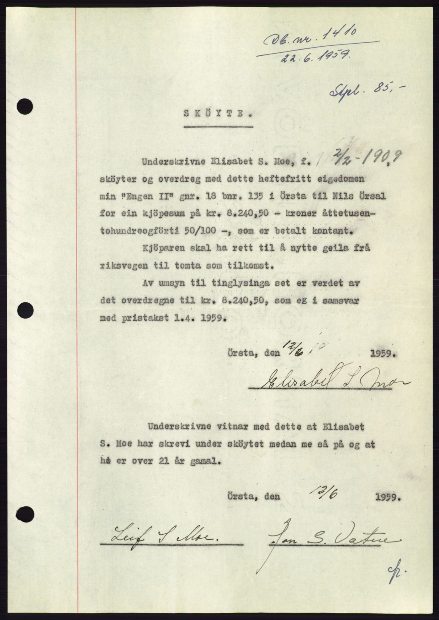 Søre Sunnmøre sorenskriveri, SAT/A-4122/1/2/2C/L0112: Pantebok nr. 38A, 1959-1959, Dagboknr: 1410/1959