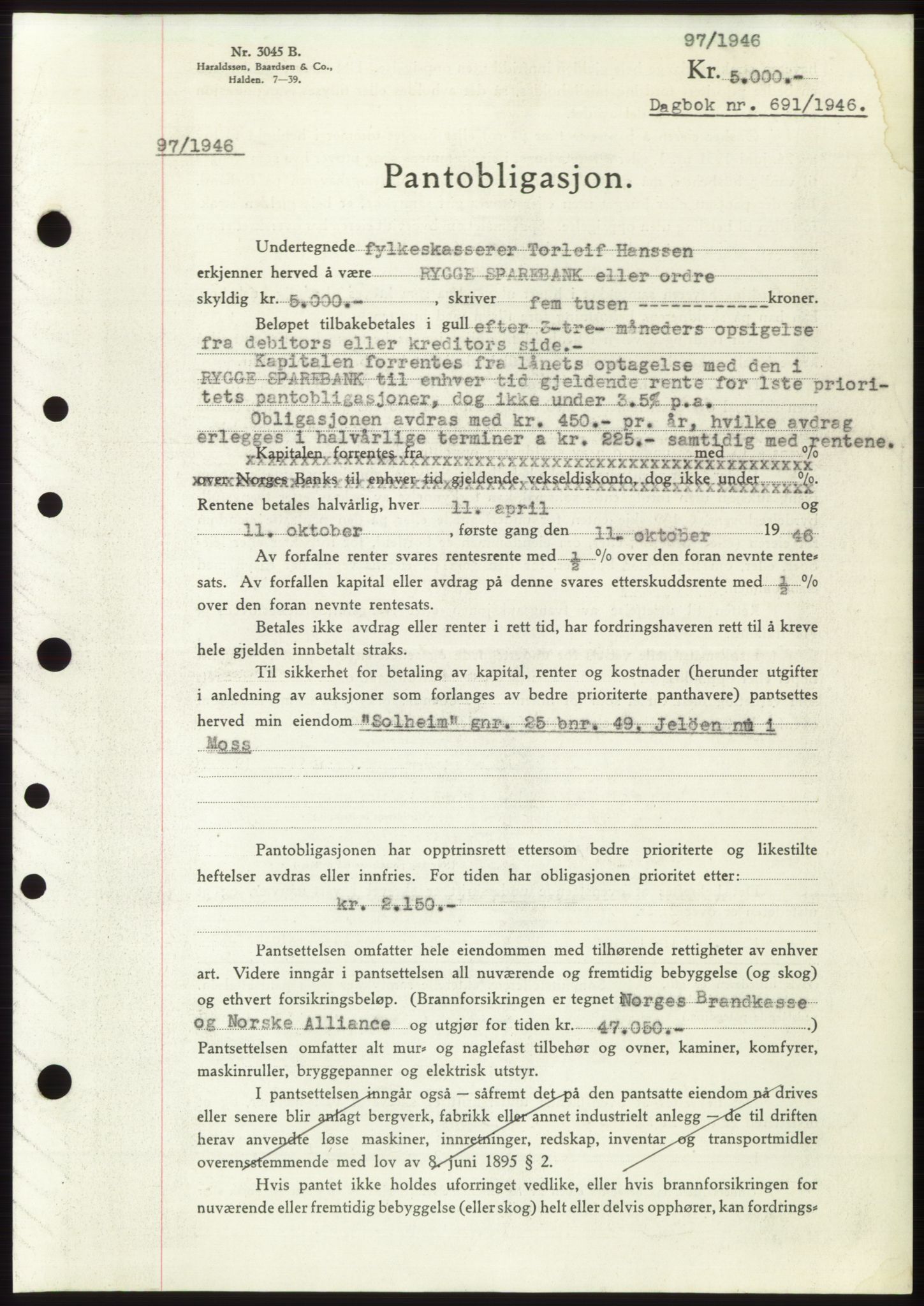 Moss sorenskriveri, SAO/A-10168: Pantebok nr. B15, 1946-1946, Dagboknr: 691/1946