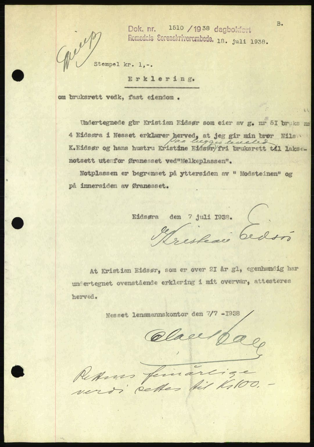 Romsdal sorenskriveri, SAT/A-4149/1/2/2C: Pantebok nr. B1, 1936-1939, Dagboknr: 1510/1938