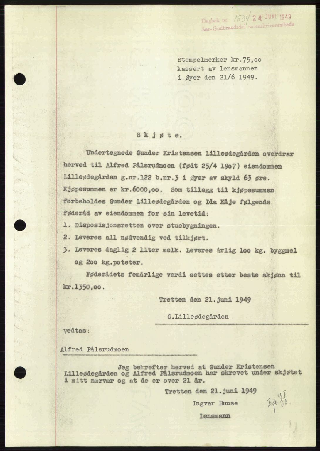 Sør-Gudbrandsdal tingrett, SAH/TING-004/H/Hb/Hbd/L0025: Pantebok nr. A25, 1949-1949, Dagboknr: 1534/1949
