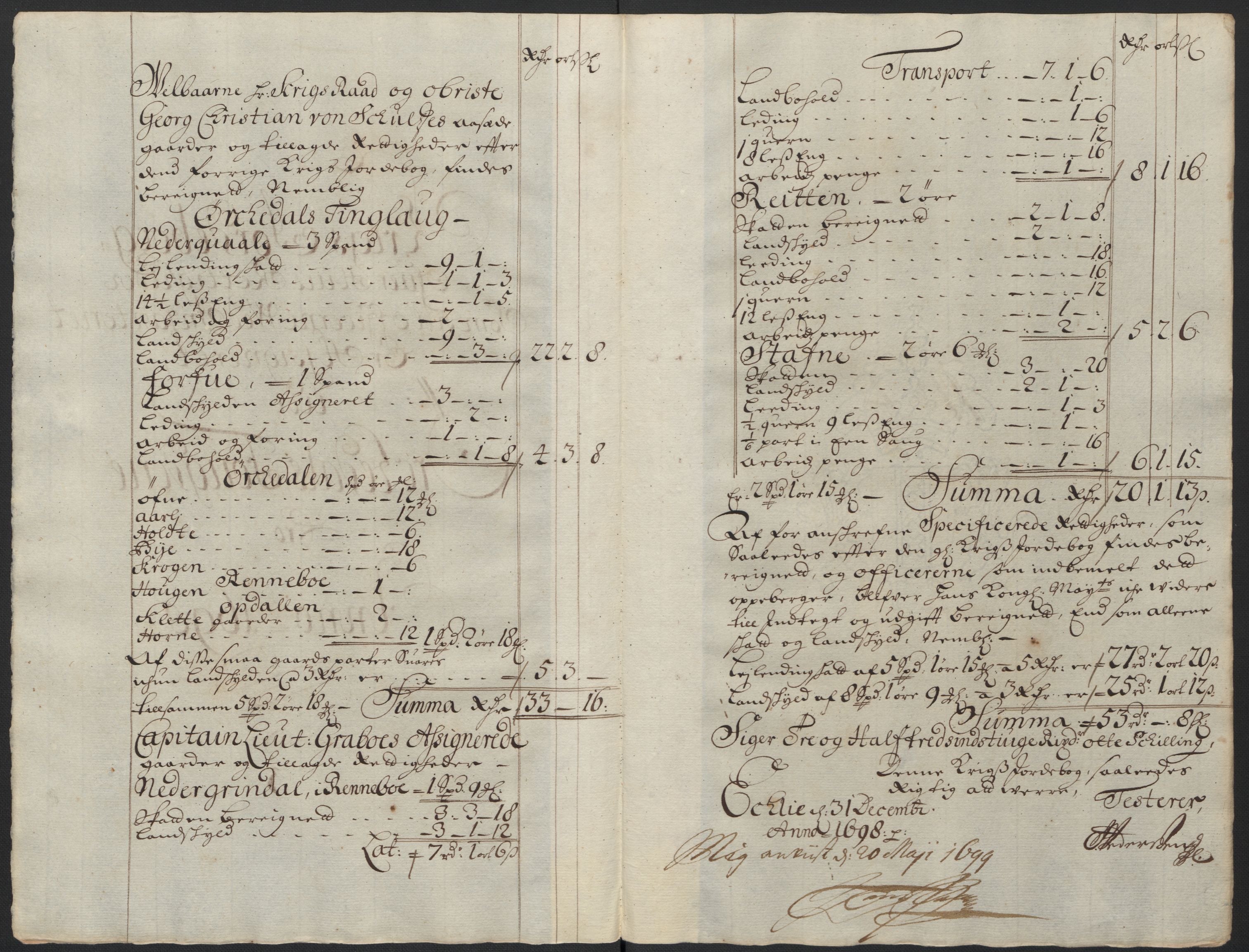 Rentekammeret inntil 1814, Reviderte regnskaper, Fogderegnskap, AV/RA-EA-4092/R60/L3948: Fogderegnskap Orkdal og Gauldal, 1698, s. 211