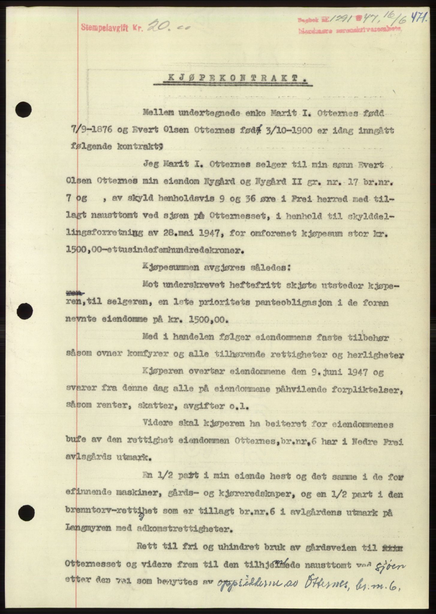 Nordmøre sorenskriveri, SAT/A-4132/1/2/2Ca: Pantebok nr. B96, 1947-1947, Dagboknr: 1291/1947