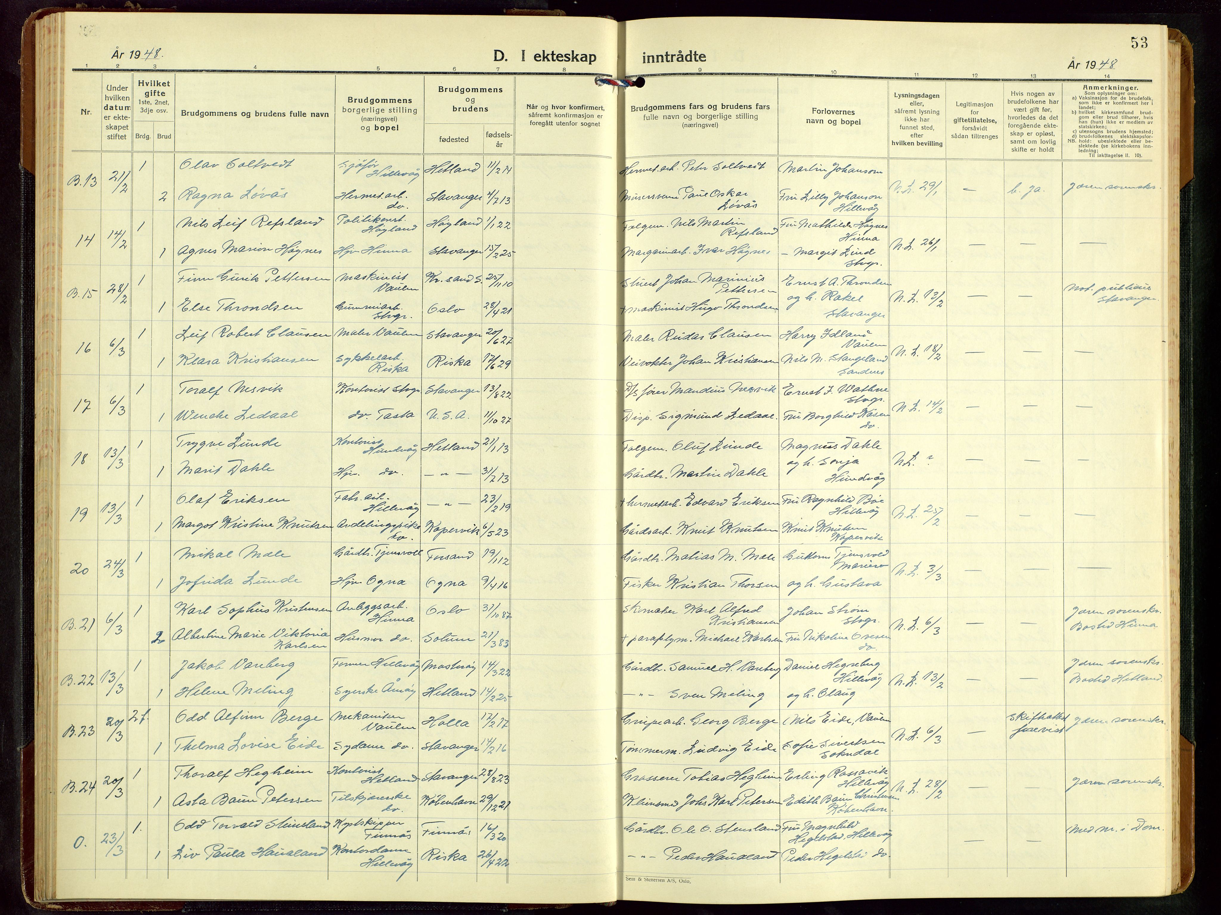 Hetland sokneprestkontor, AV/SAST-A-101826/30/30BB/L0016: Klokkerbok nr. B 16, 1942-1960, s. 53