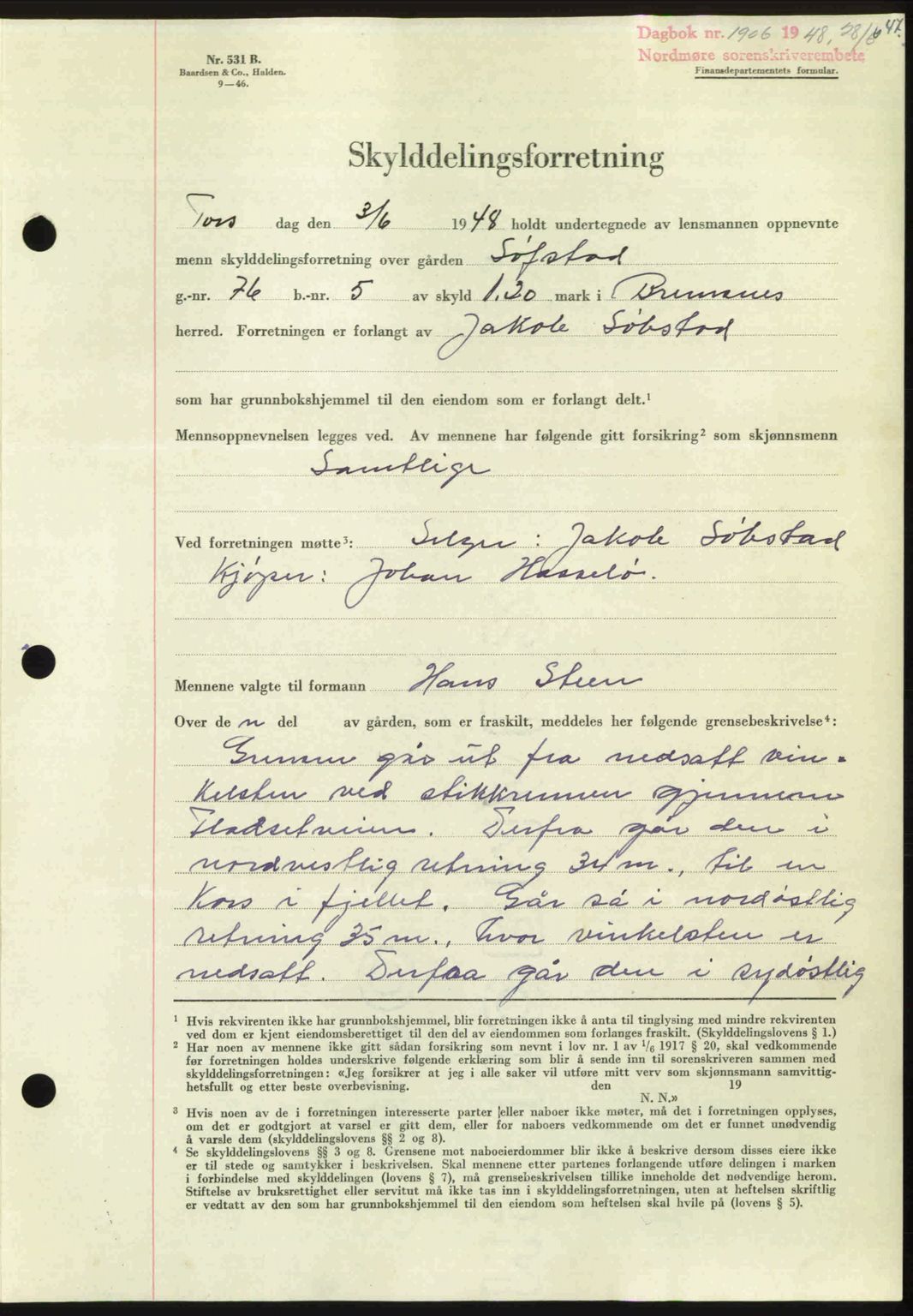 Nordmøre sorenskriveri, SAT/A-4132/1/2/2Ca: Pantebok nr. A108, 1948-1948, Dagboknr: 1906/1948