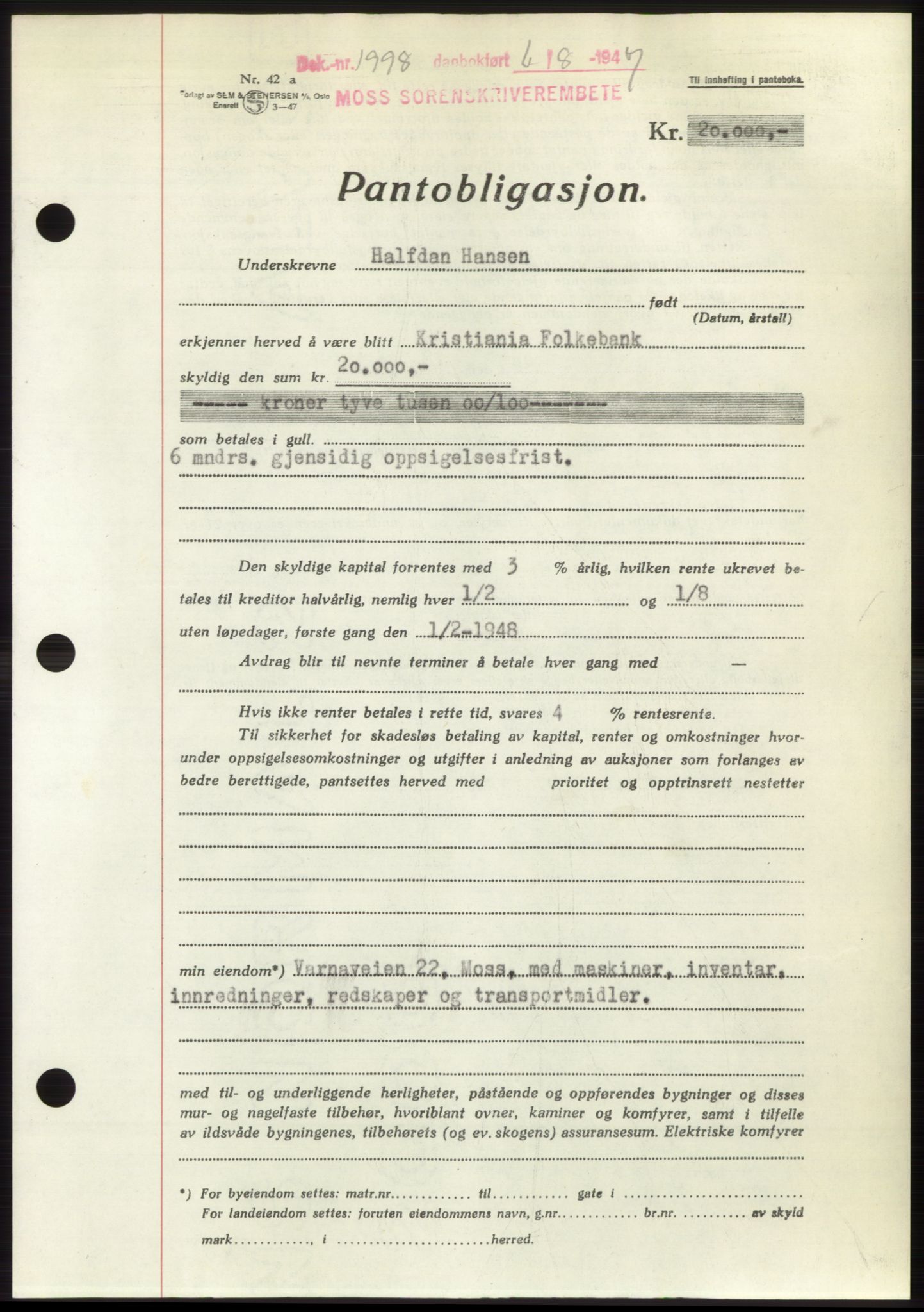 Moss sorenskriveri, SAO/A-10168: Pantebok nr. B17, 1947-1947, Dagboknr: 1998/1947