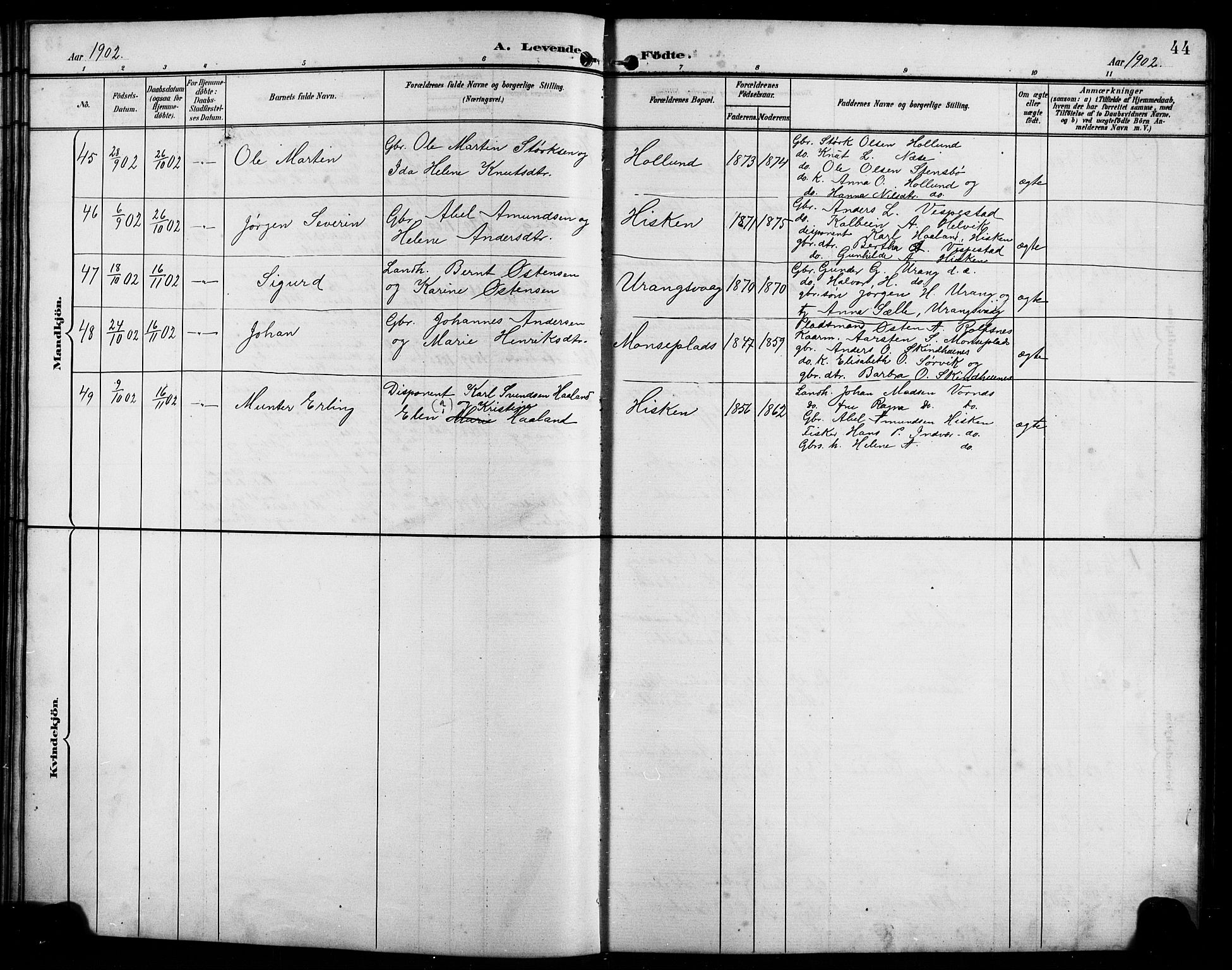 Finnås sokneprestembete, AV/SAB-A-99925/H/Ha/Hab/Habb/L0004: Klokkerbok nr. B 4, 1897-1907, s. 44