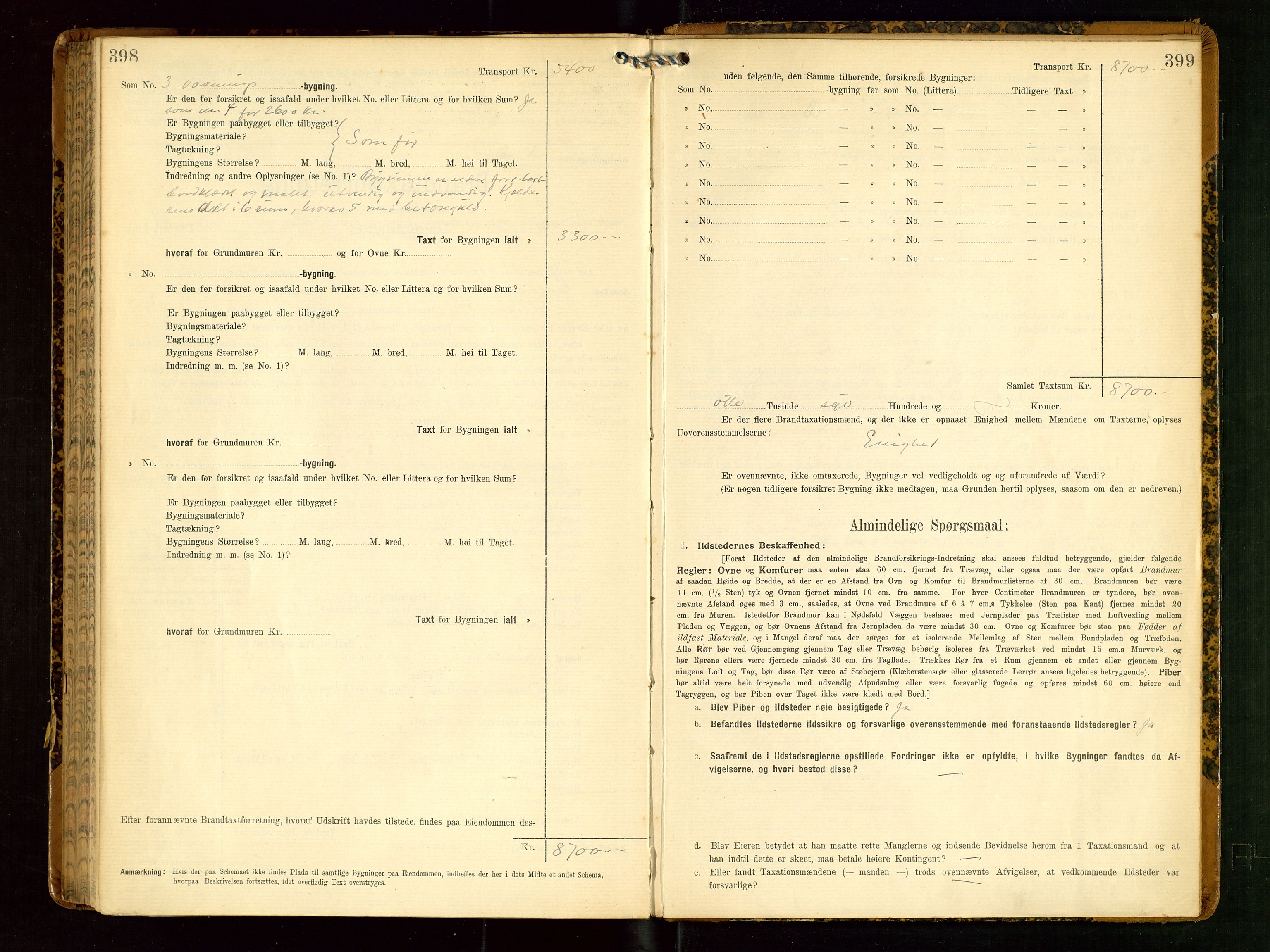 Klepp lensmannskontor, SAST/A-100163/Goc/L0006: "Brandtaxationsprotokol" m/register, 1908-1912, s. 398-399