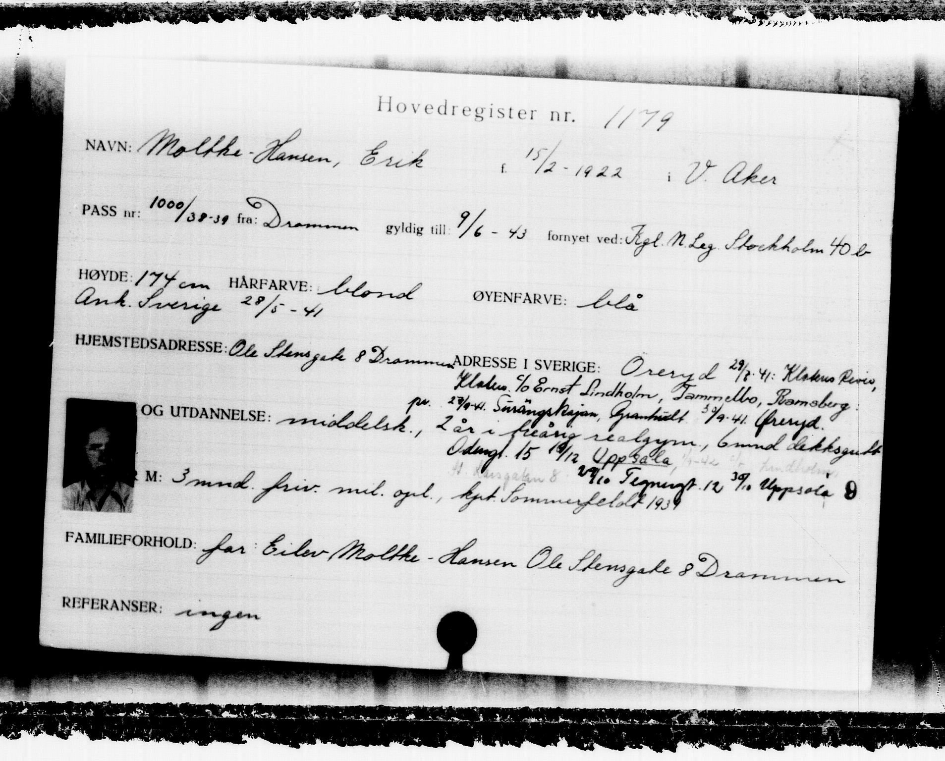 Utenriksstasjonene, Legasjonen i Stockholm, Flyktningkontoret, AV/RA-S-6753/V/Va/L0002: Kjesäterkartoteket, flyktninger med registreringsnr. 1001-2000, 1940-1945, s. 273