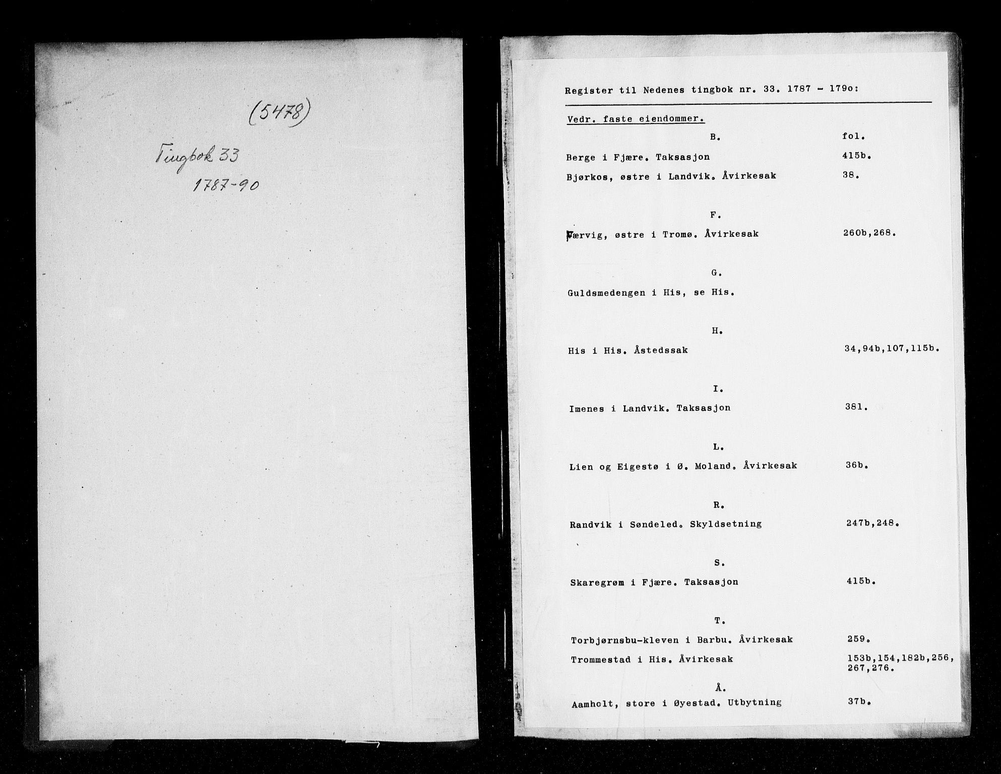 Nedenes sorenskriveri før 1824, AV/SAK-1221-0007/F/Fa/L0038: Tingbok med register nr 33, 1787-1790