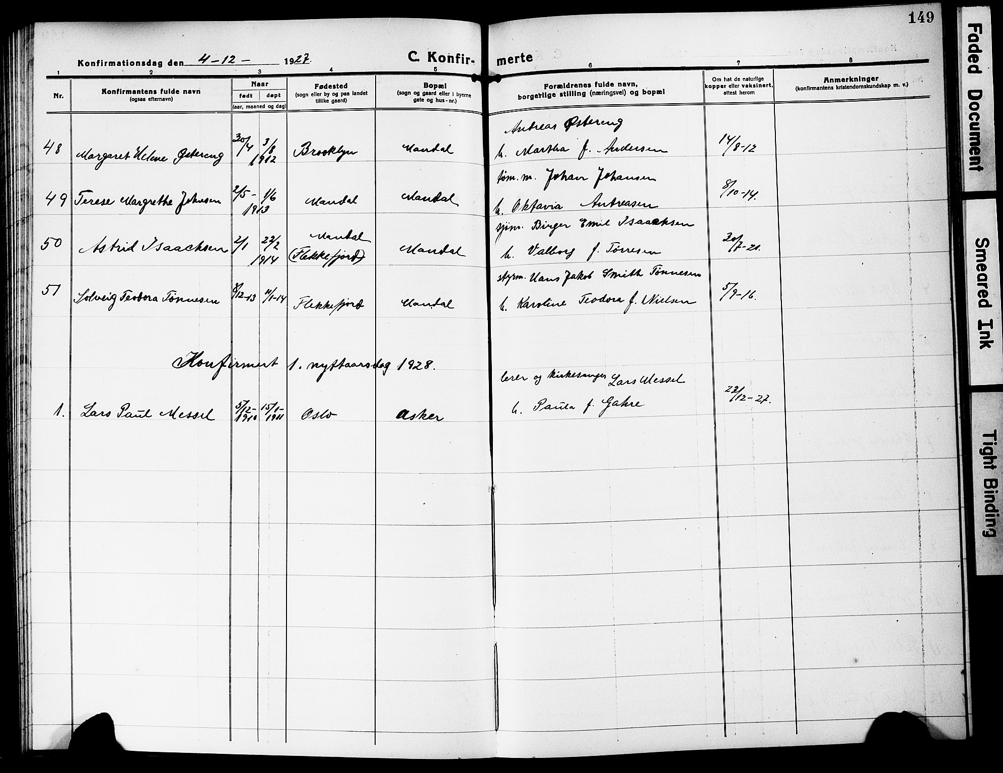 Mandal sokneprestkontor, SAK/1111-0030/F/Fb/Fbc/L0001: Klokkerbok nr. B 1, 1918-1931, s. 149
