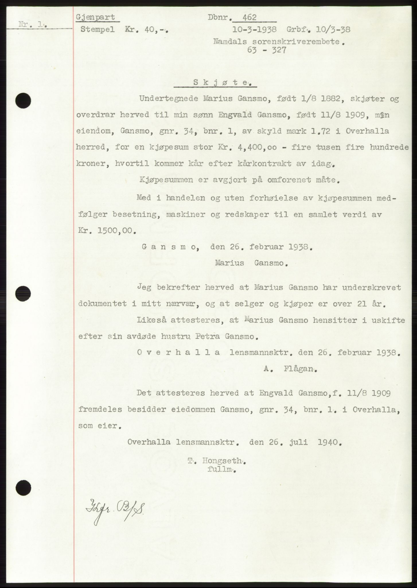 Namdal sorenskriveri, SAT/A-4133/1/2/2C: Pantebok nr. -, 1937-1939, Tingl.dato: 10.03.1938