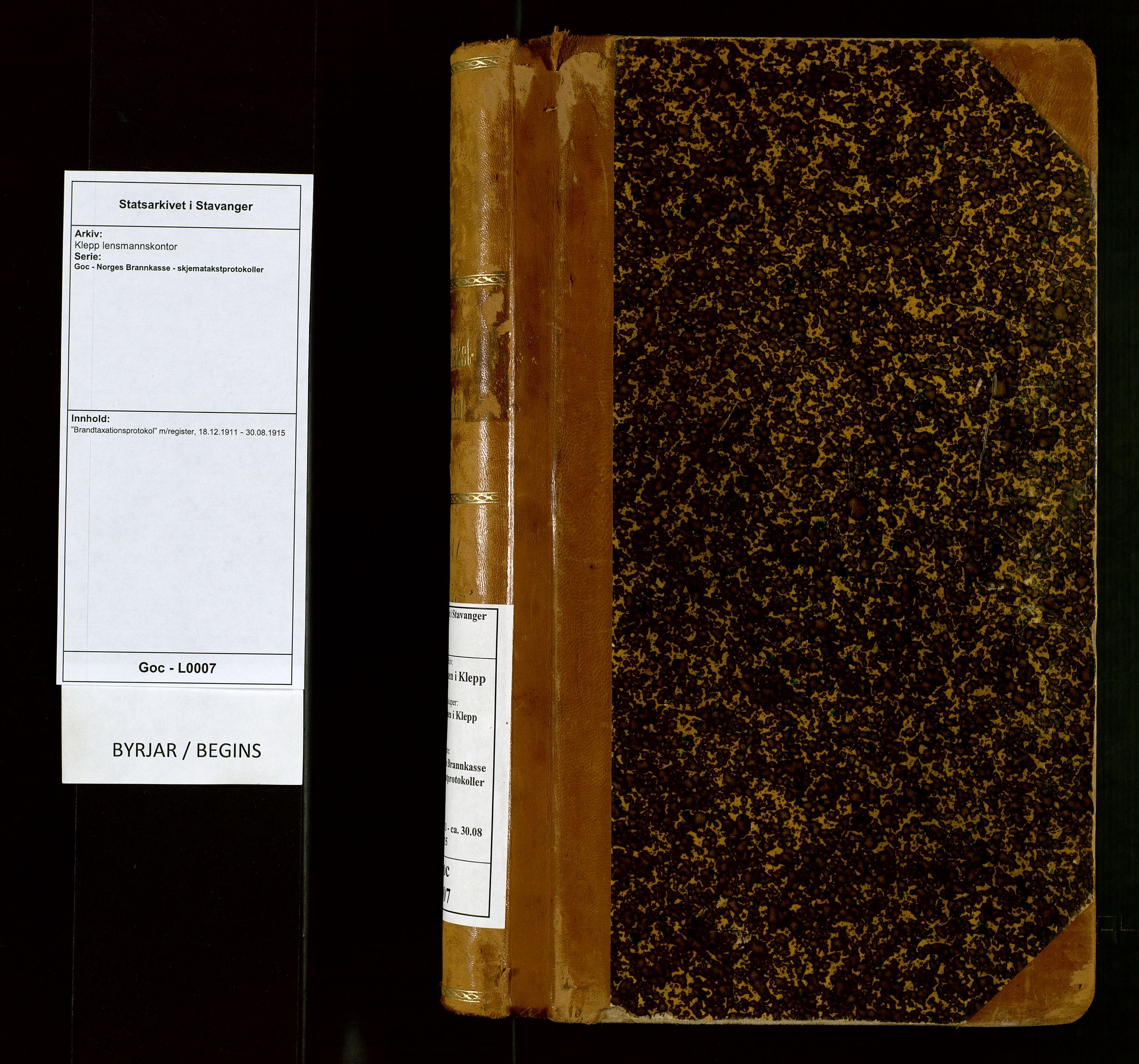 Klepp lensmannskontor, AV/SAST-A-100163/Goc/L0007: "Brandtaxationsprotokol" m/register, 1911-1915
