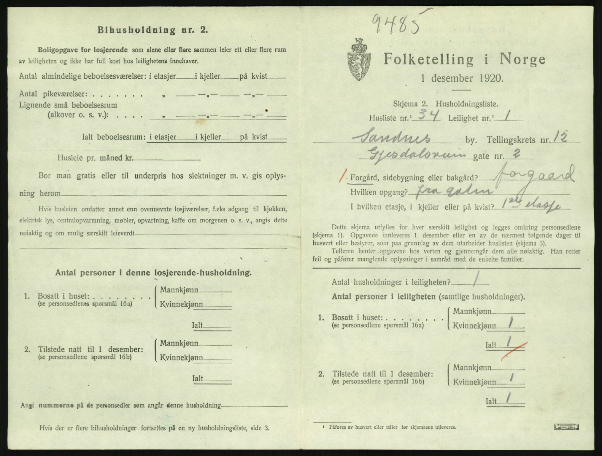 SAST, Folketelling 1920 for 1102 Sandnes ladested, 1920, s. 2486