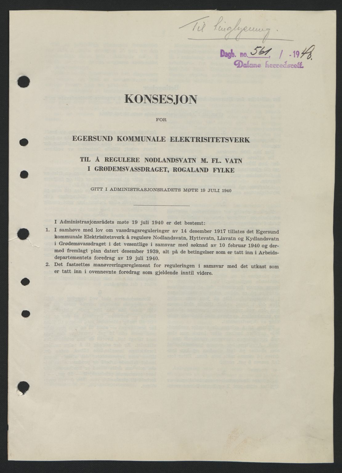 Dalane sorenskriveri, SAST/A-100309/02/G/Gb/L0044: Pantebok nr. A5, 1940-1941, Dagboknr: 561/1940